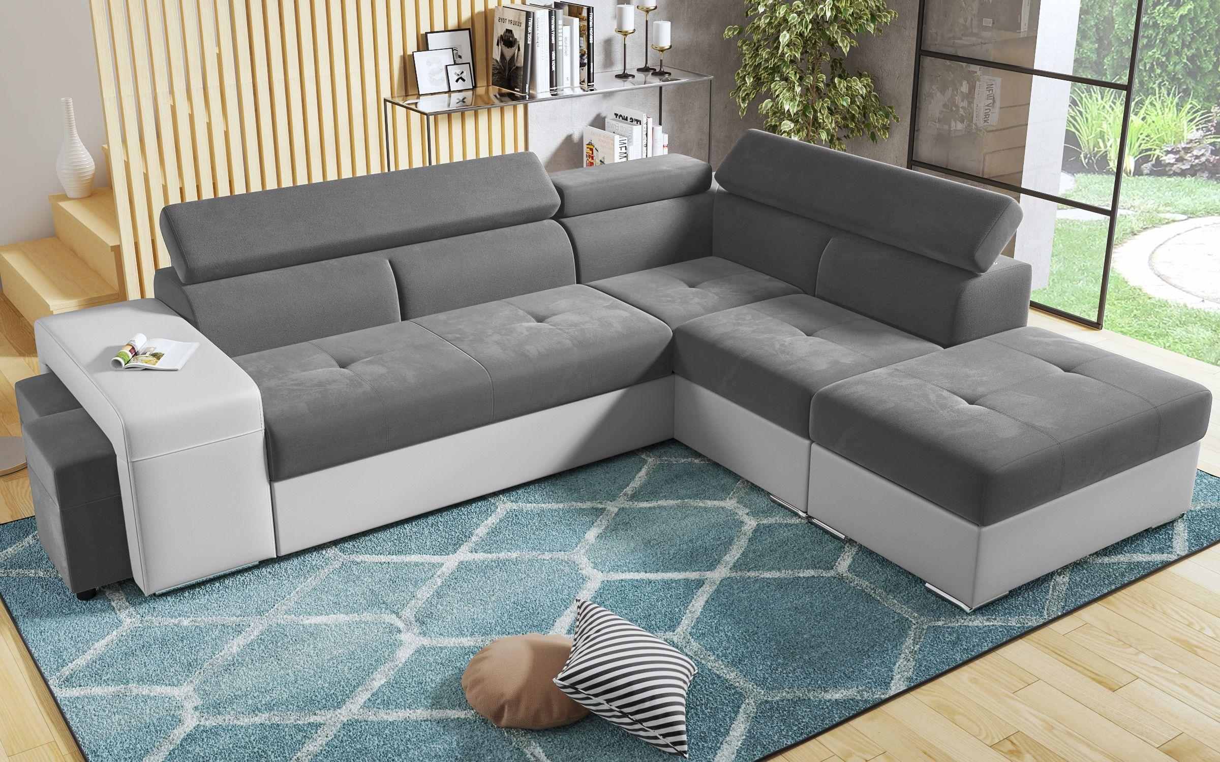 Γωνιακός καναπές – κρεβάτι Amirei + 2 σκαμπό, γκρι + λευκό δέρμα  6