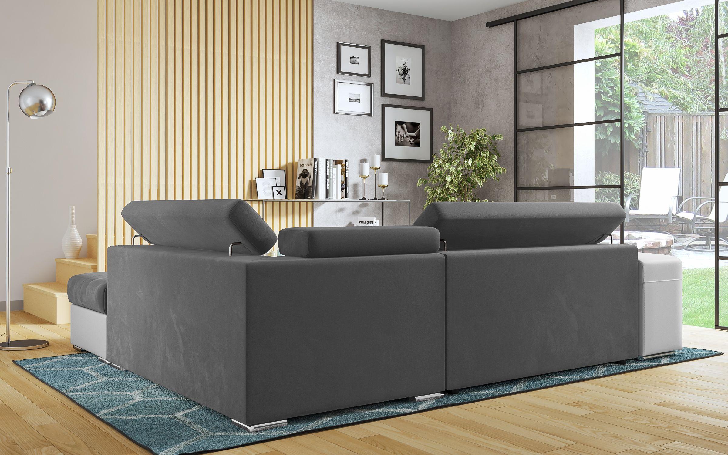 Γωνιακός καναπές – κρεβάτι Amirei + 2 σκαμπό, γκρι + λευκό δέρμα  7