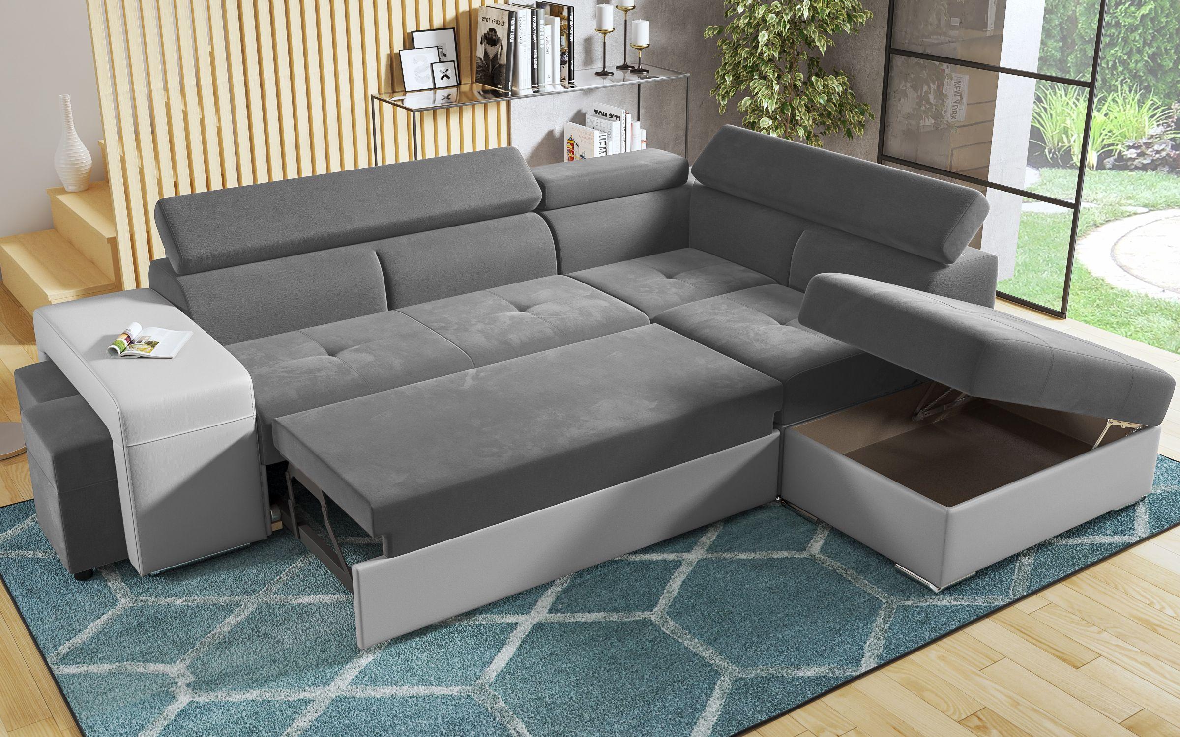 Γωνιακός καναπές – κρεβάτι Amirei + 2 σκαμπό, γκρι + λευκό δέρμα  8