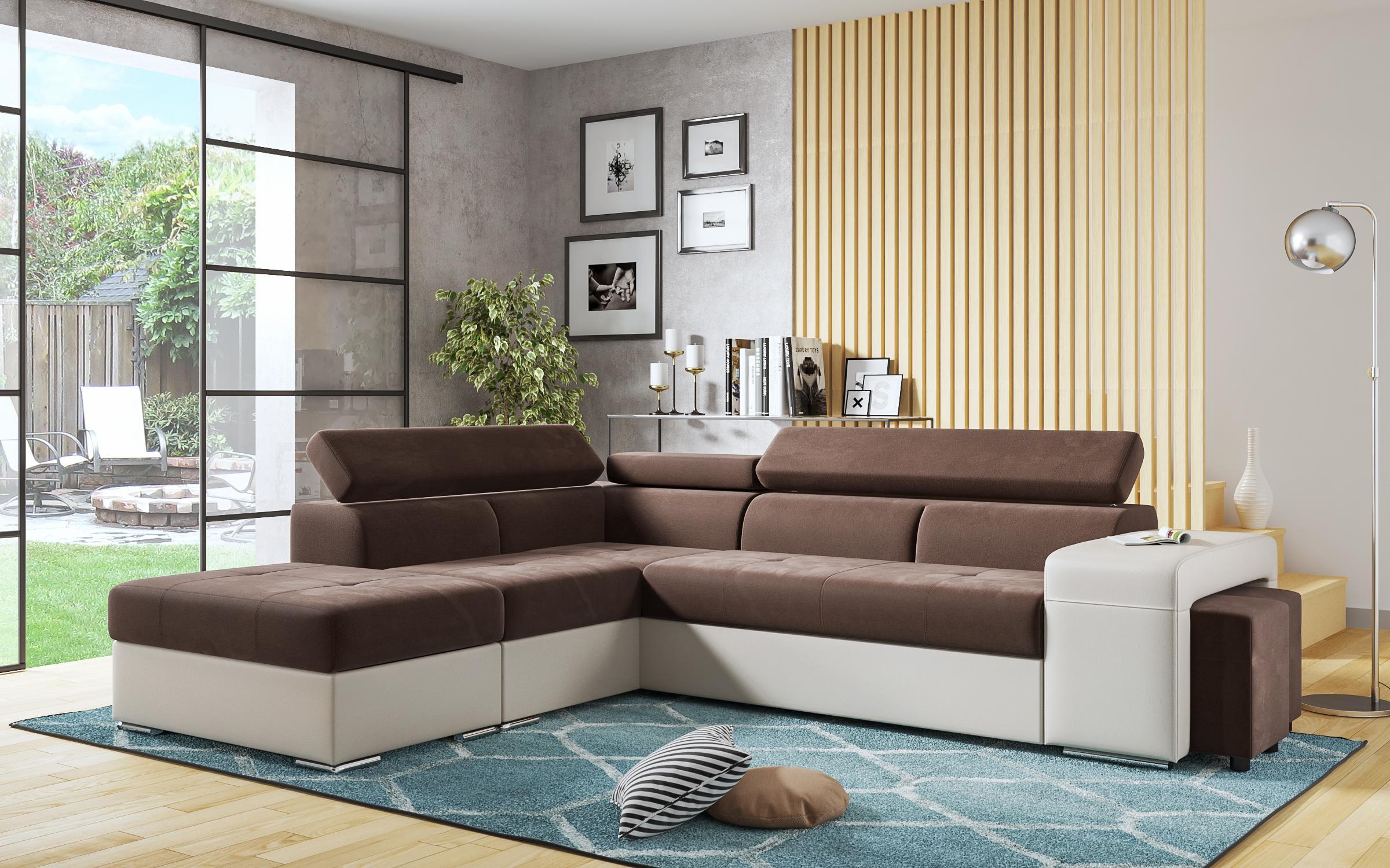 Γωνιακός καναπές – κρεβάτι Amirei  + 2 σκαμπό, καφέ + μπεζ δέρμα  3