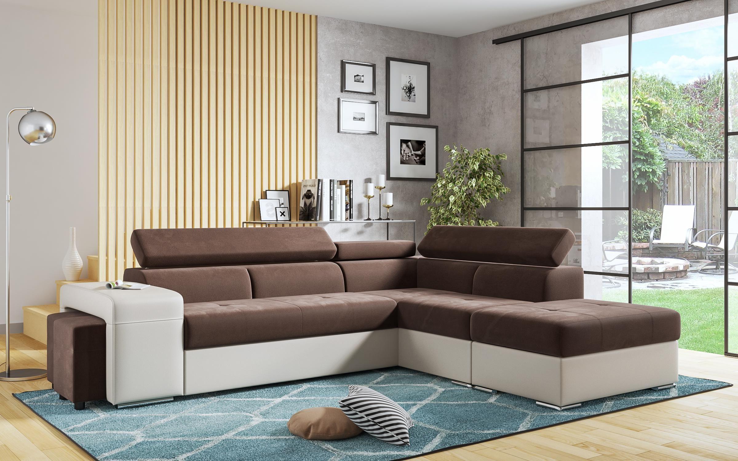Γωνιακός καναπές – κρεβάτι Amirei + 2 σκαμπό, καφέ + μπεζ δέρμα  3