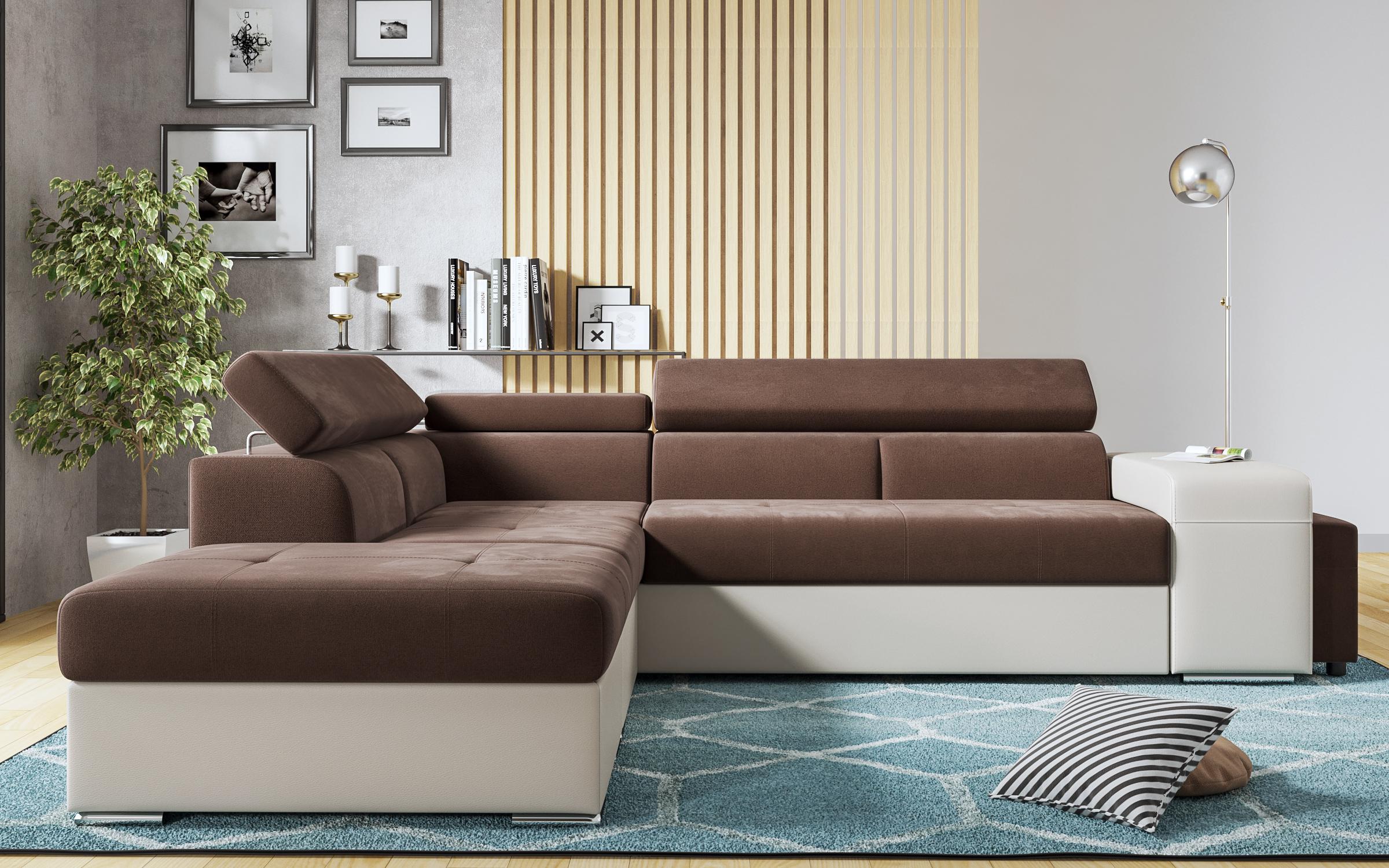 Γωνιακός καναπές – κρεβάτι Amirei  + 2 σκαμπό, καφέ + μπεζ δέρμα  1