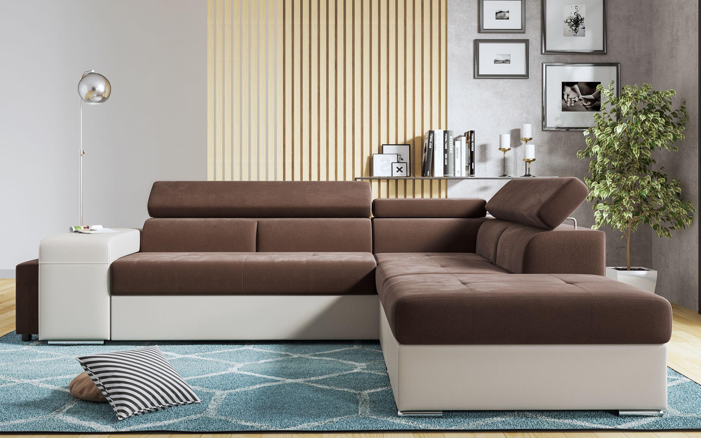 Γωνιακός καναπές – κρεβάτι Amirei + 2 σκαμπό, καφέ + μπεζ δέρμα  1