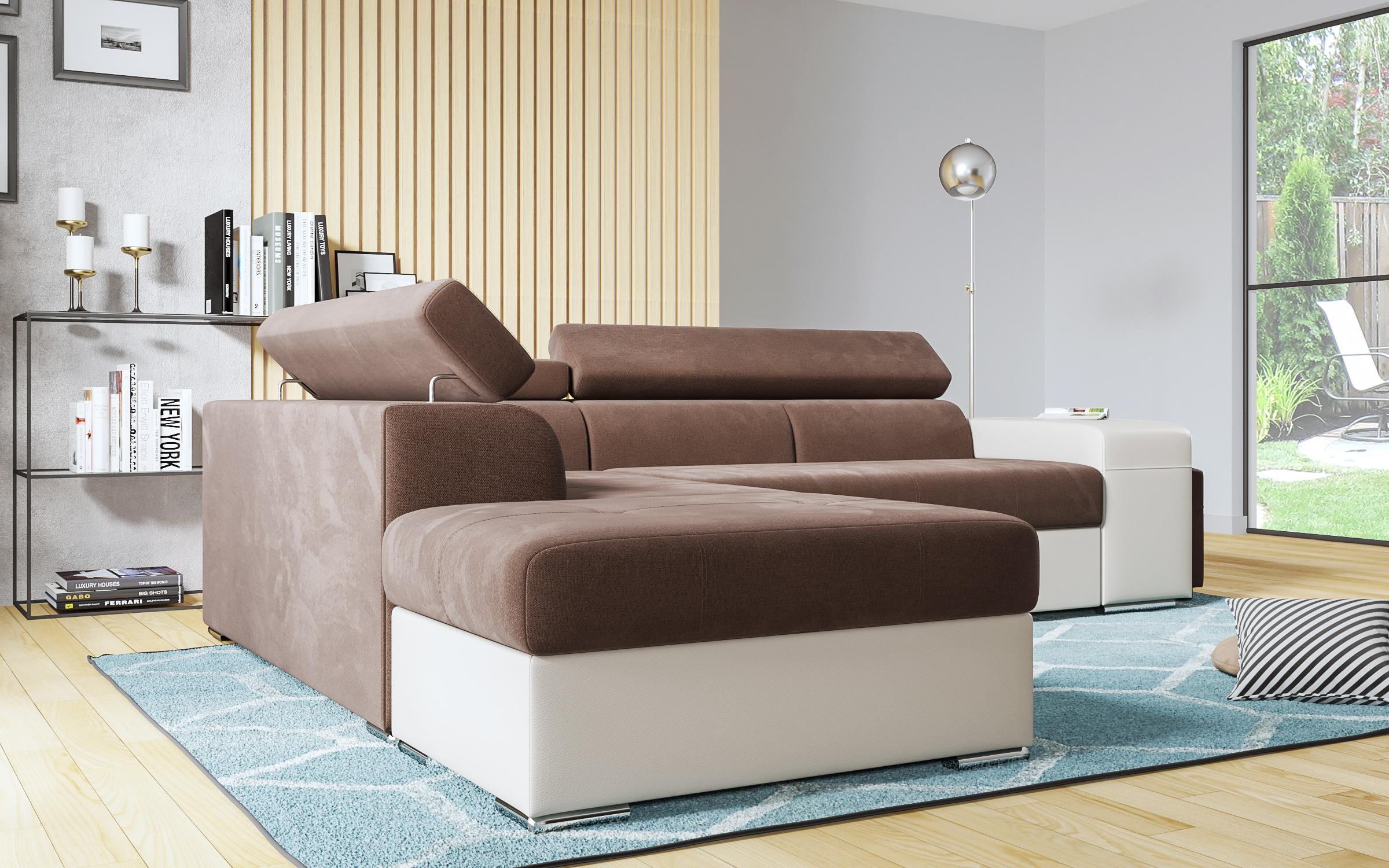 Γωνιακός καναπές – κρεβάτι Amirei  + 2 σκαμπό, καφέ + μπεζ δέρμα  4