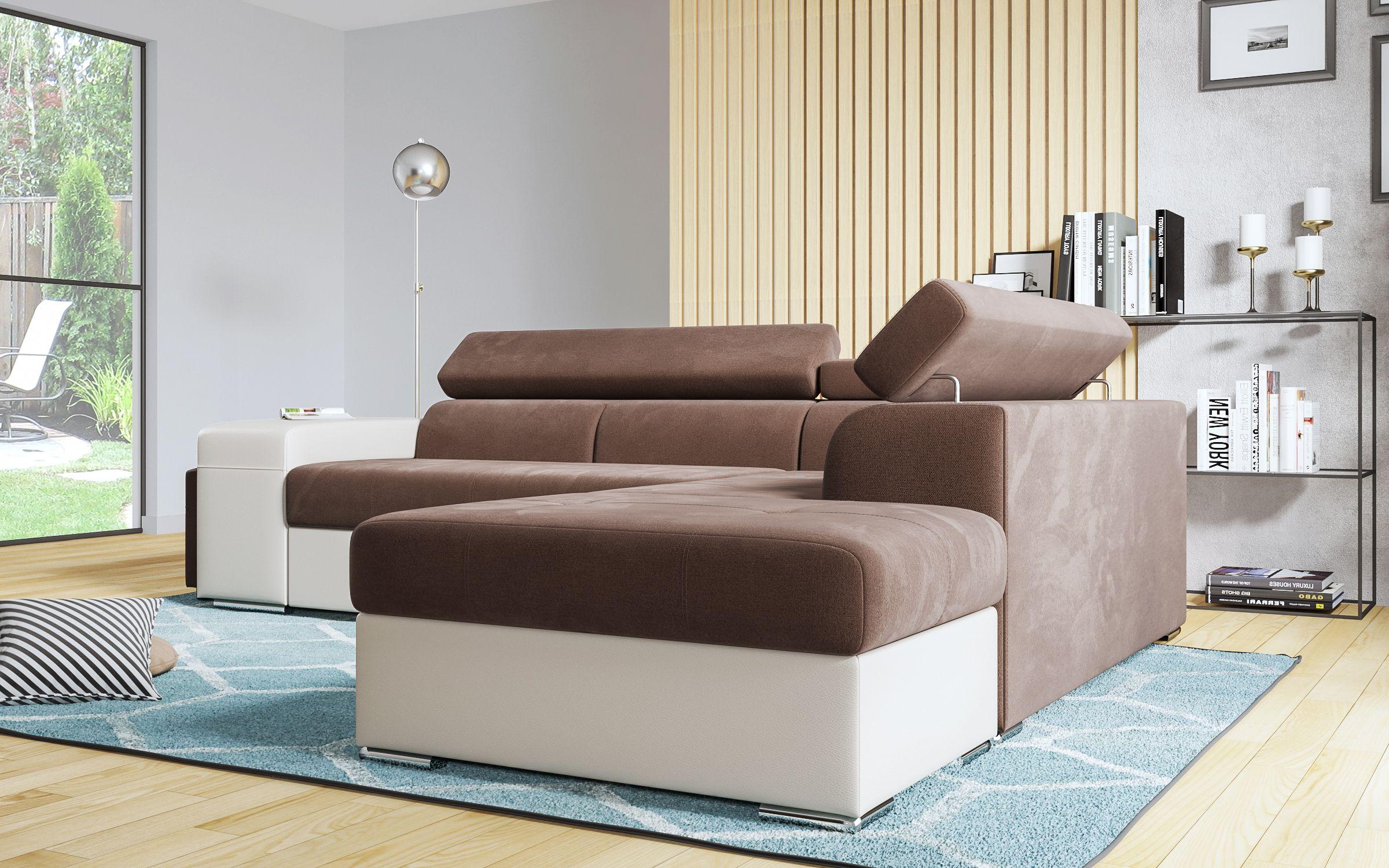 Γωνιακός καναπές – κρεβάτι Amirei + 2 σκαμπό, καφέ + μπεζ δέρμα  4