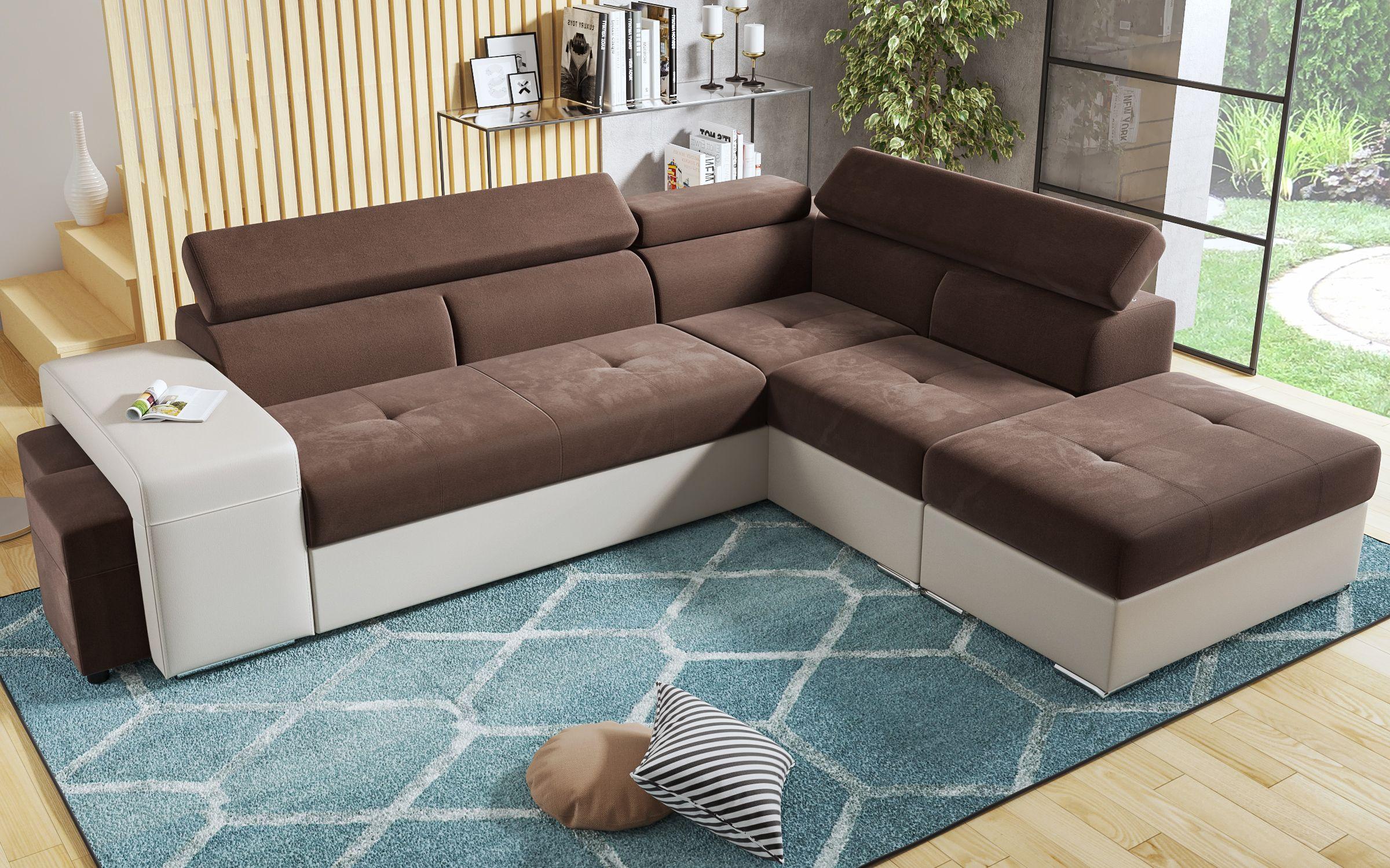 Γωνιακός καναπές – κρεβάτι Amirei + 2 σκαμπό, καφέ + μπεζ δέρμα  6