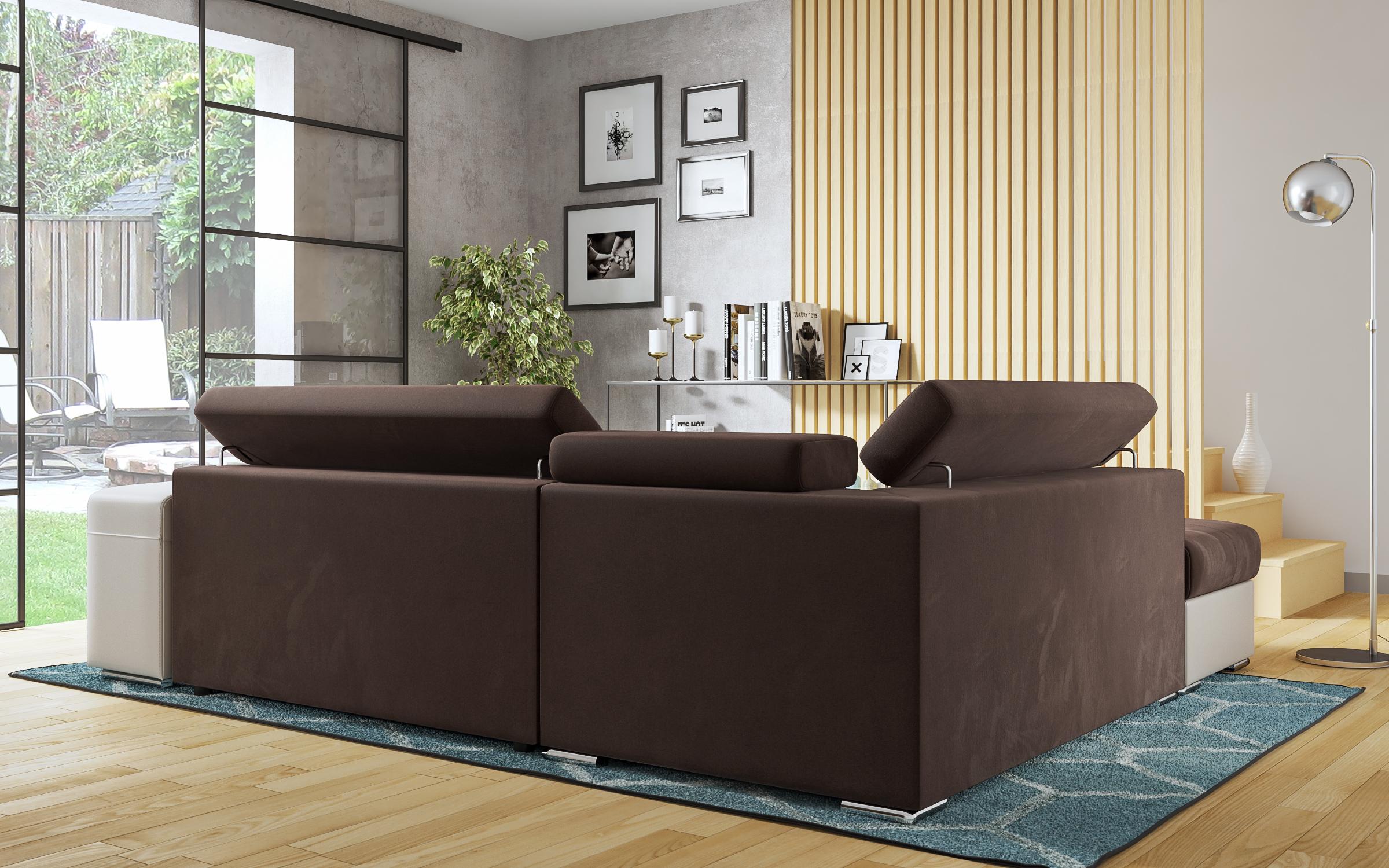 Γωνιακός καναπές – κρεβάτι Amirei  + 2 σκαμπό, καφέ + μπεζ δέρμα  7