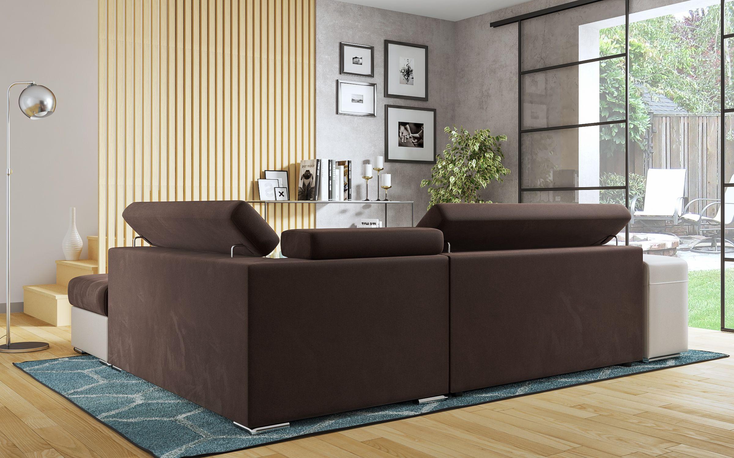 Γωνιακός καναπές – κρεβάτι Amirei + 2 σκαμπό, καφέ + μπεζ δέρμα  7