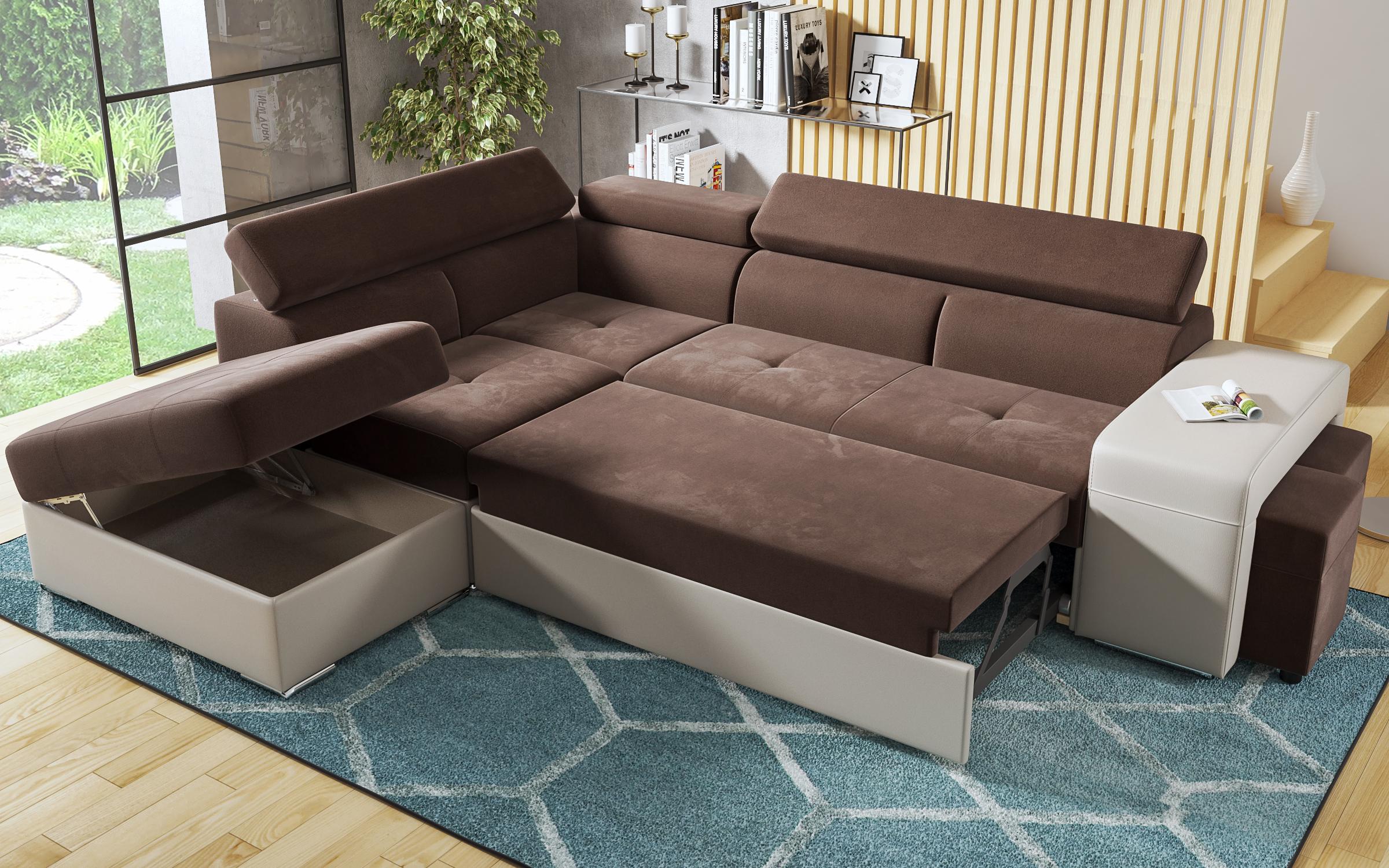 Γωνιακός καναπές – κρεβάτι Amirei  + 2 σκαμπό, καφέ + μπεζ δέρμα  8