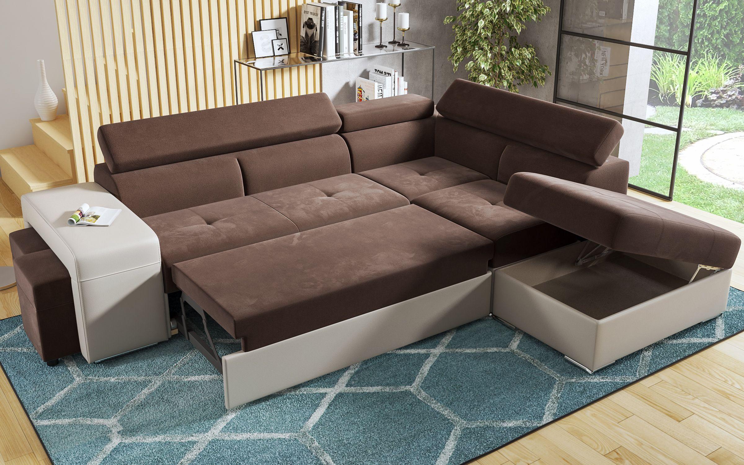 Γωνιακός καναπές – κρεβάτι Amirei + 2 σκαμπό, καφέ + μπεζ δέρμα  8
