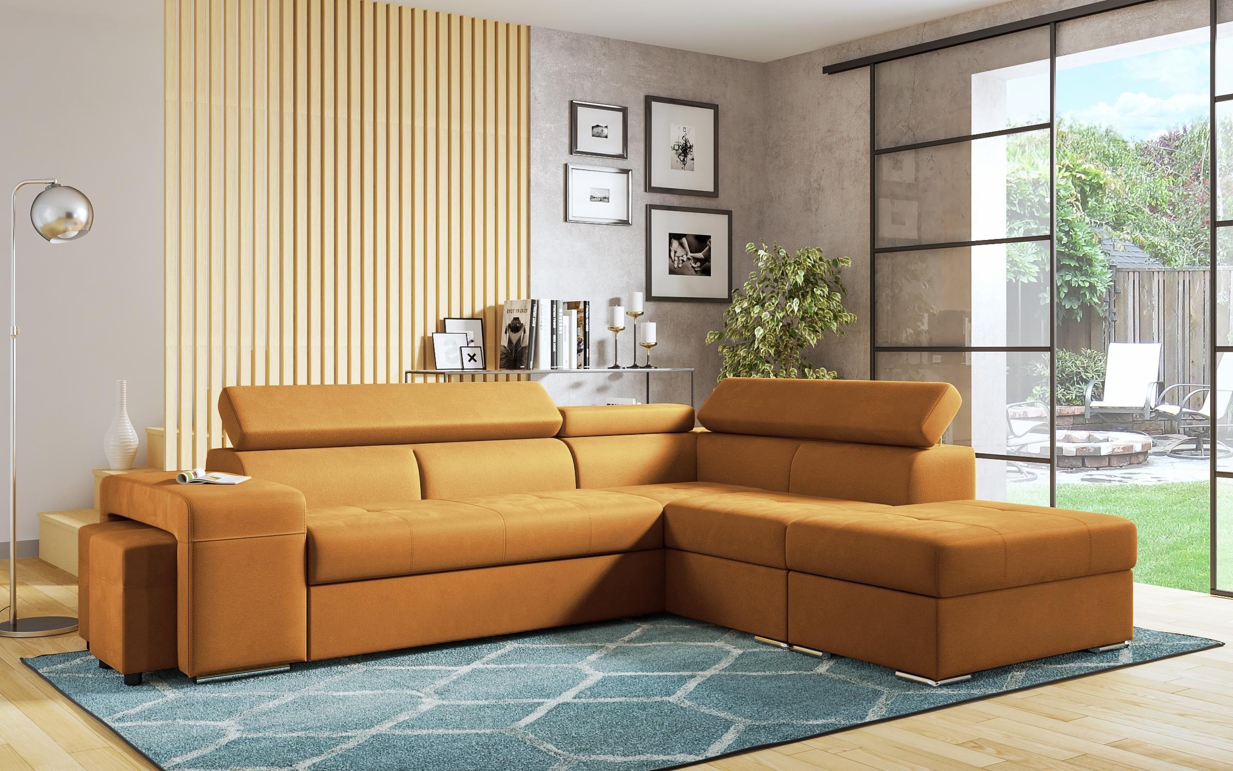 Γωνιακός καναπές – κρεβάτι Amirei + 2 σκαμπό, πορτοκαλί  3