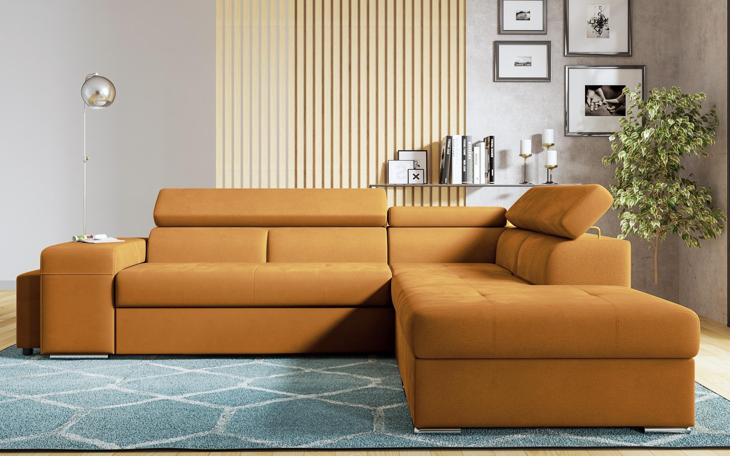 Γωνιακός καναπές – κρεβάτι Amirei + 2 σκαμπό, πορτοκαλί  1