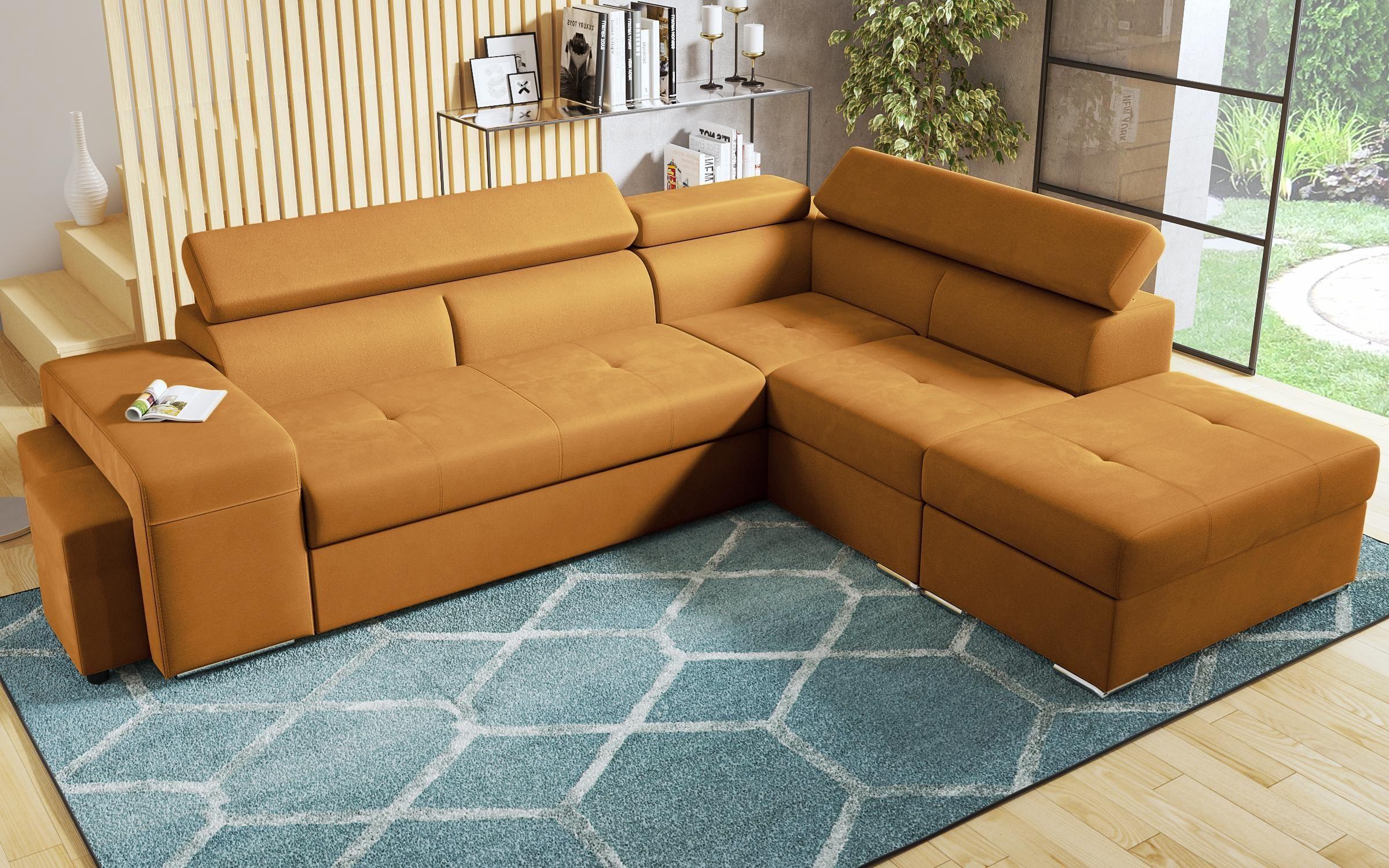 Γωνιακός καναπές – κρεβάτι Amirei + 2 σκαμπό, πορτοκαλί  6