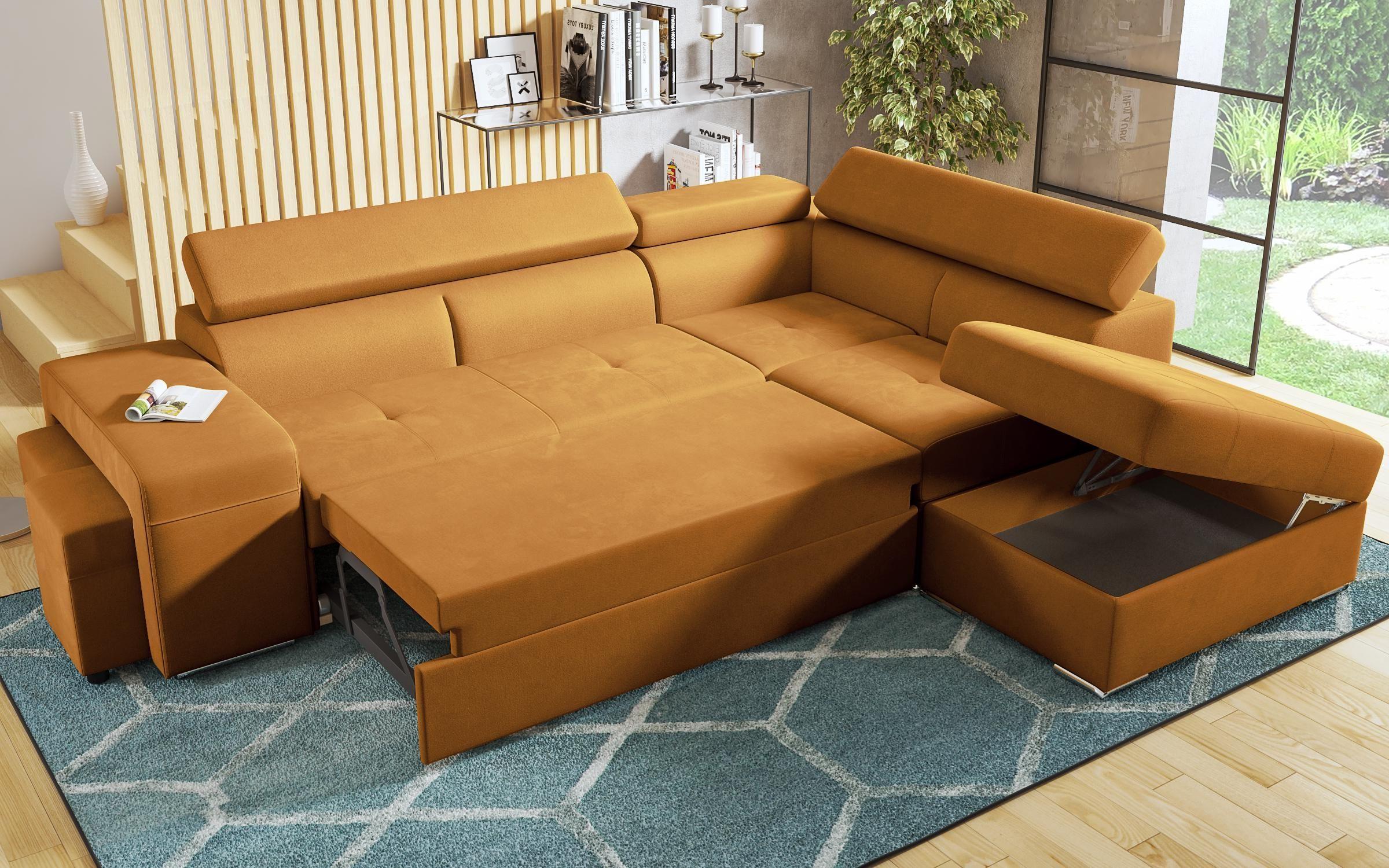 Γωνιακός καναπές – κρεβάτι Amirei + 2 σκαμπό, πορτοκαλί  8