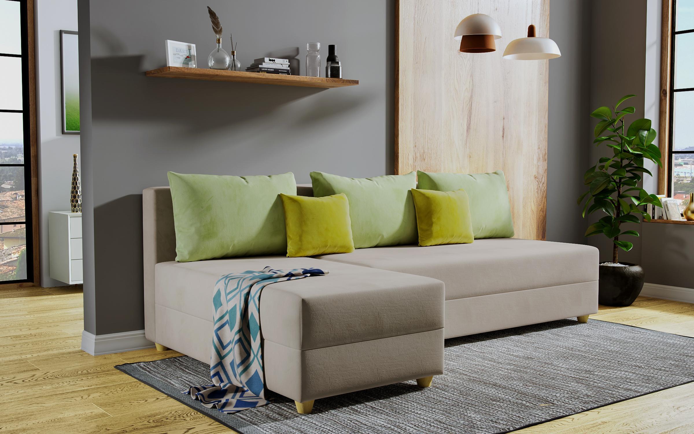 Γωνιακός καναπές – κρεβάτι Dafini, σκούρο μπεζ + πράσινο  4