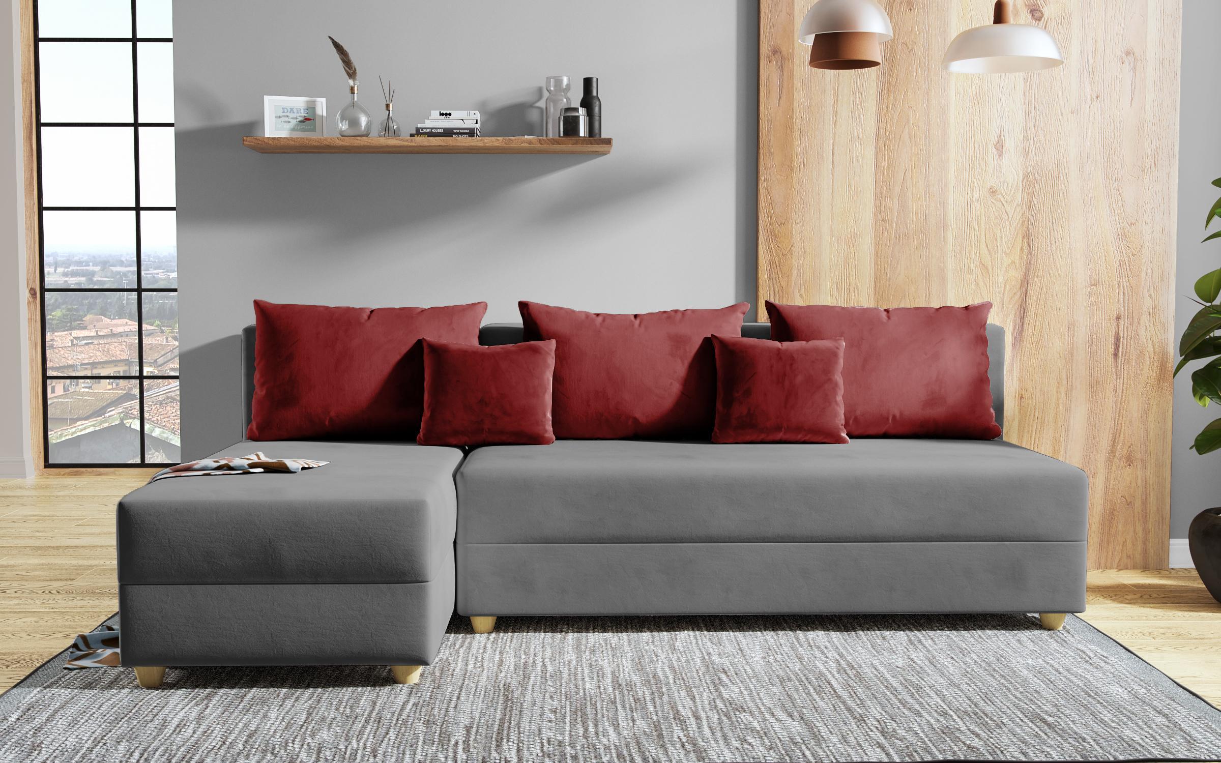 Γωνιακός καναπές – κρεβάτι Dafini, γκρι + κόκκινο  1