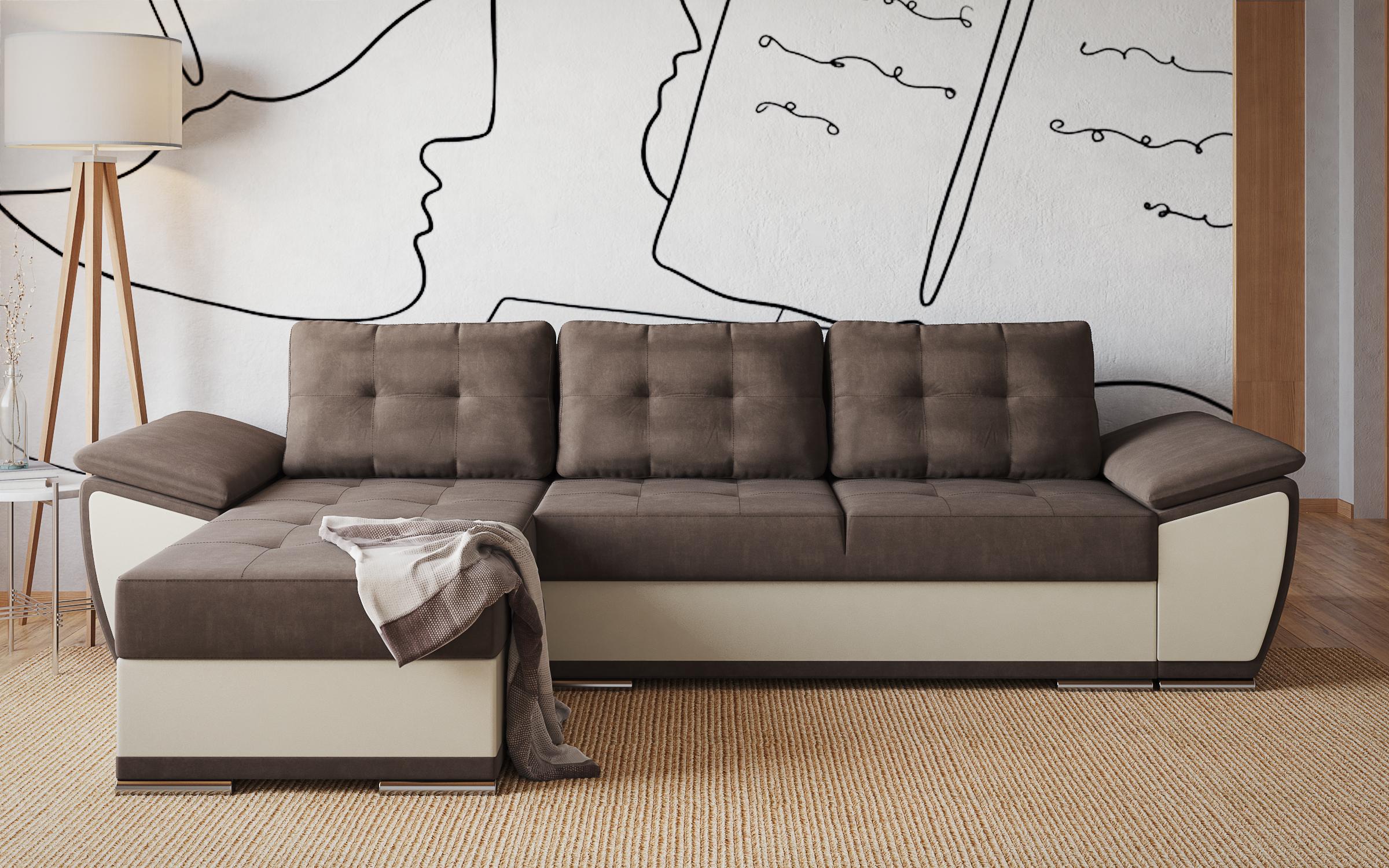 Γωνιακός καναπές - κρεβάτι Tonino, σκούρο καφέ + μπεζ δέρμα  1