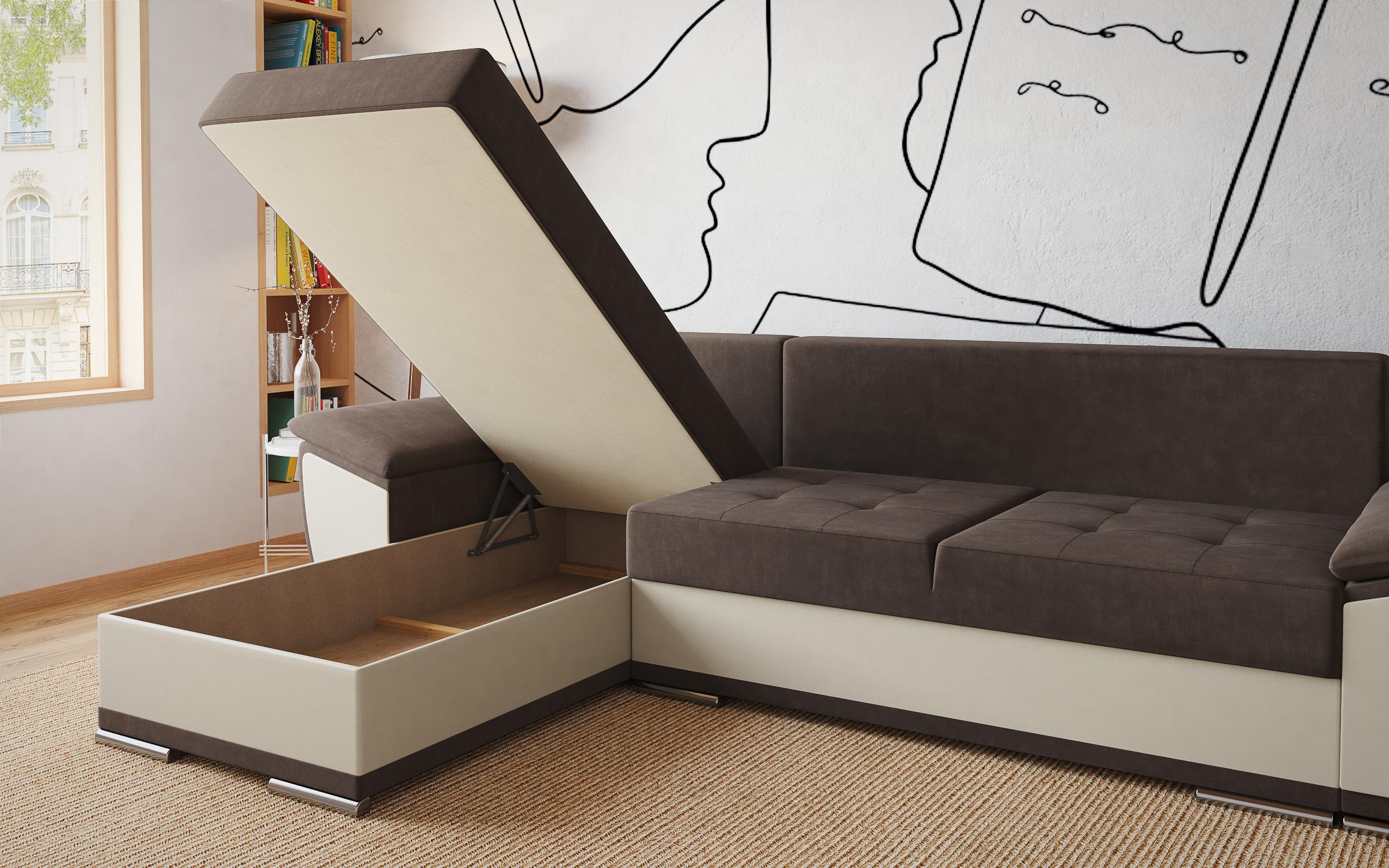 Γωνιακός καναπές - κρεβάτι Tonino, σκούρο καφέ + μπεζ δέρμα  4