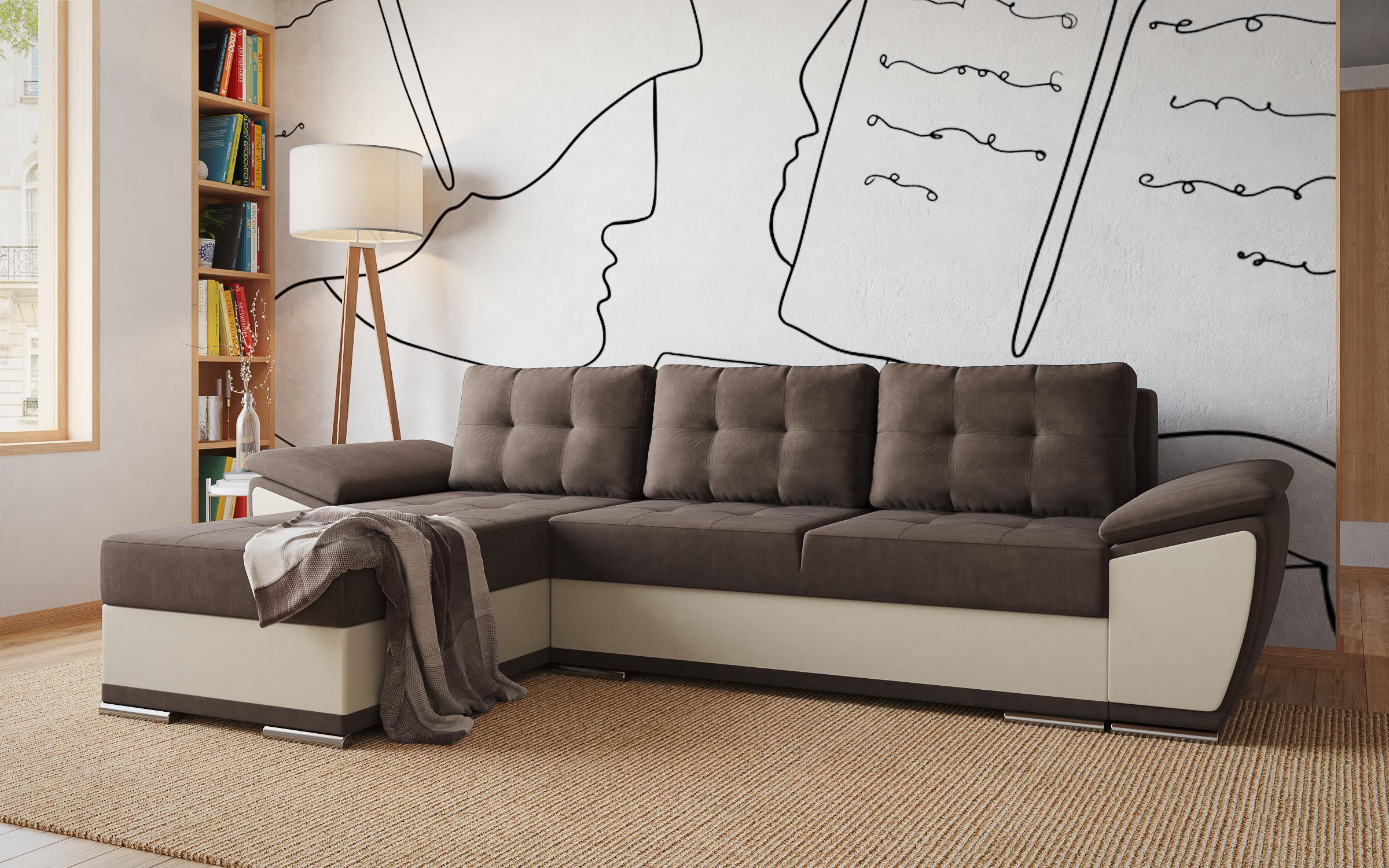 Γωνιακός καναπές - κρεβάτι Tonino, σκούρο καφέ + μπεζ δέρμα  3