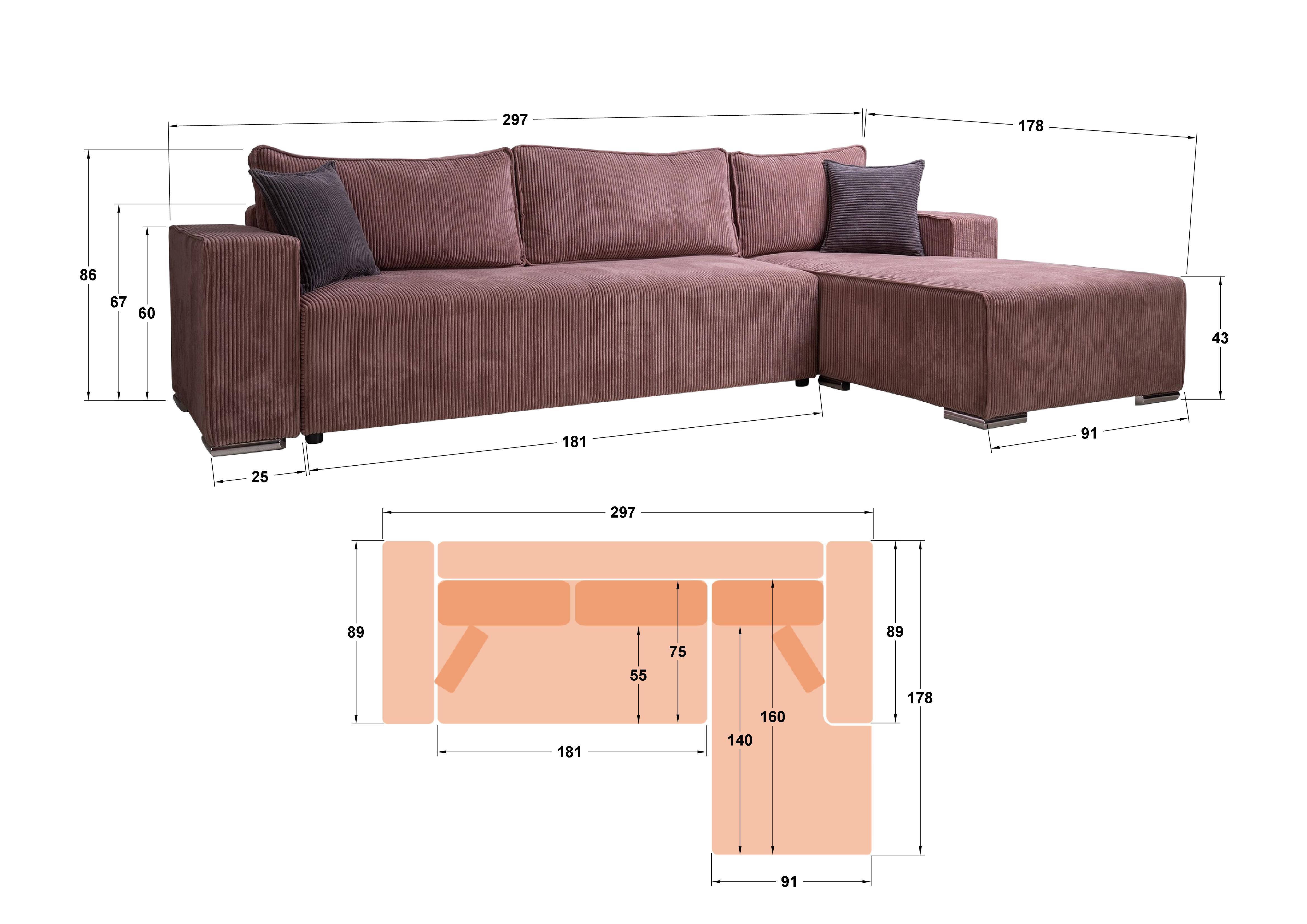 Γωνιακός καναπές Felion, ροζ + γκρι  2