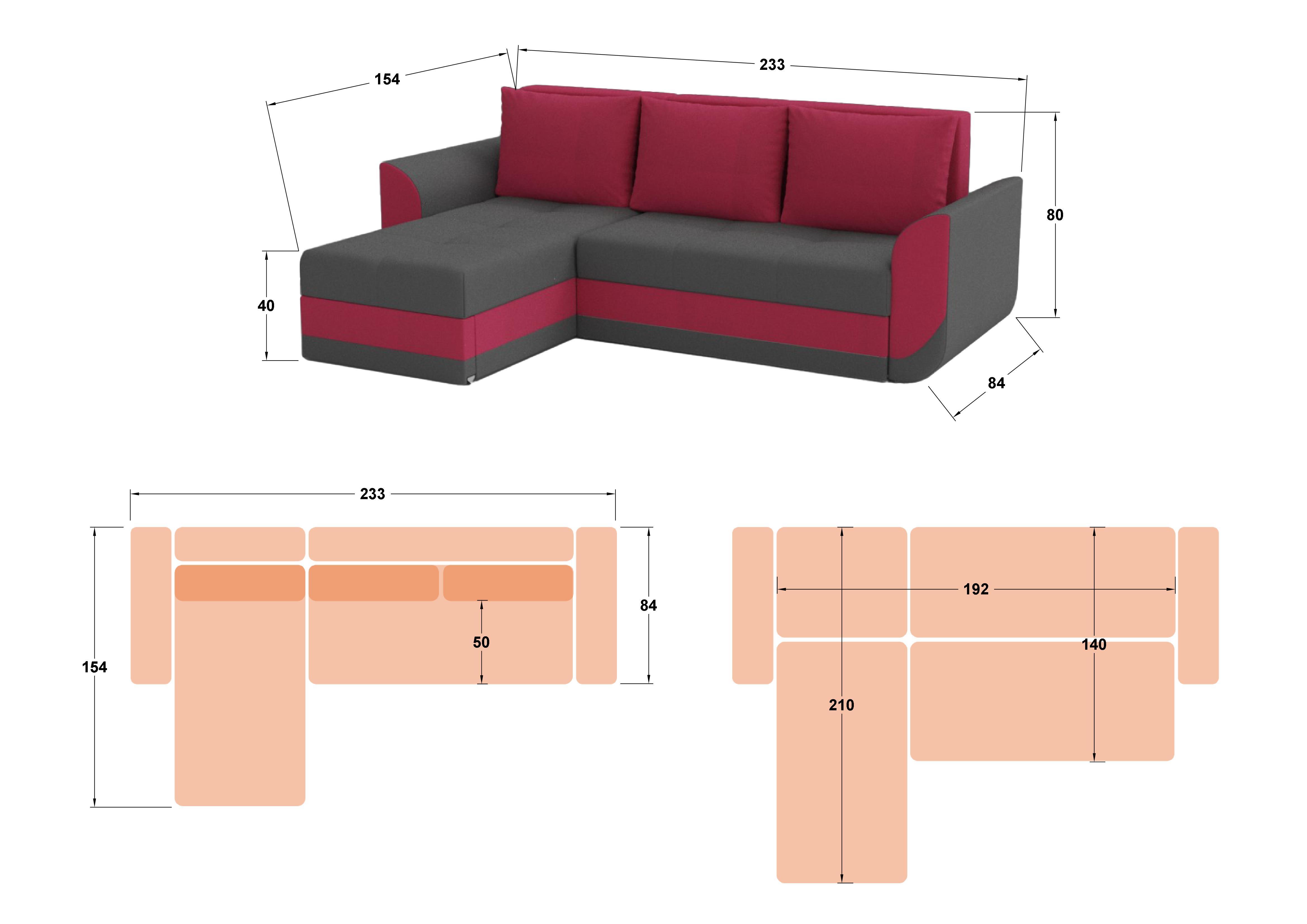 Γωνιακός καναπές Hilton, γκρι + κόκκινο  2