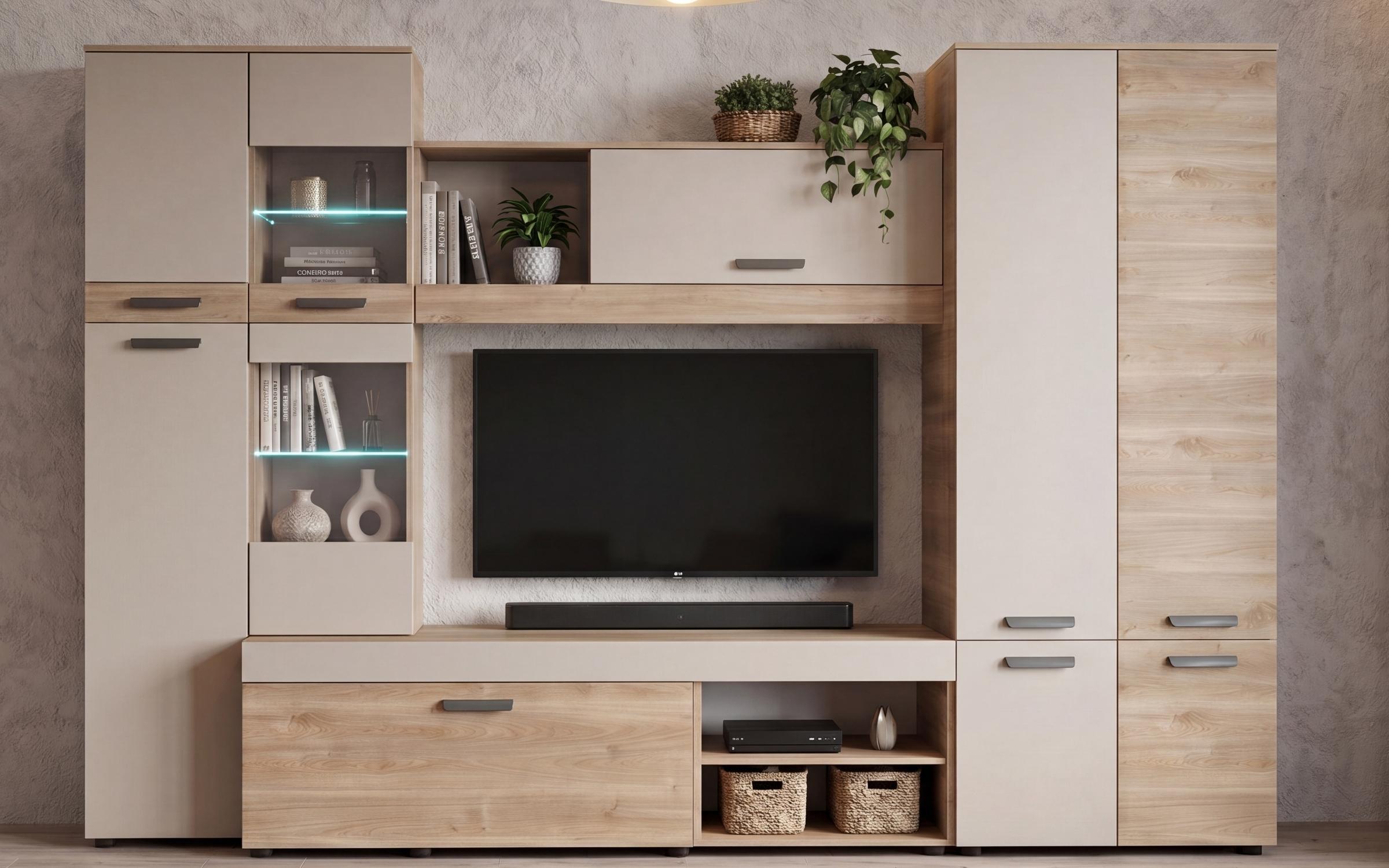 Σύνθετο σαλονιού με φωτισμό LED Kapri, cashmere + δρυς Castello honey  3