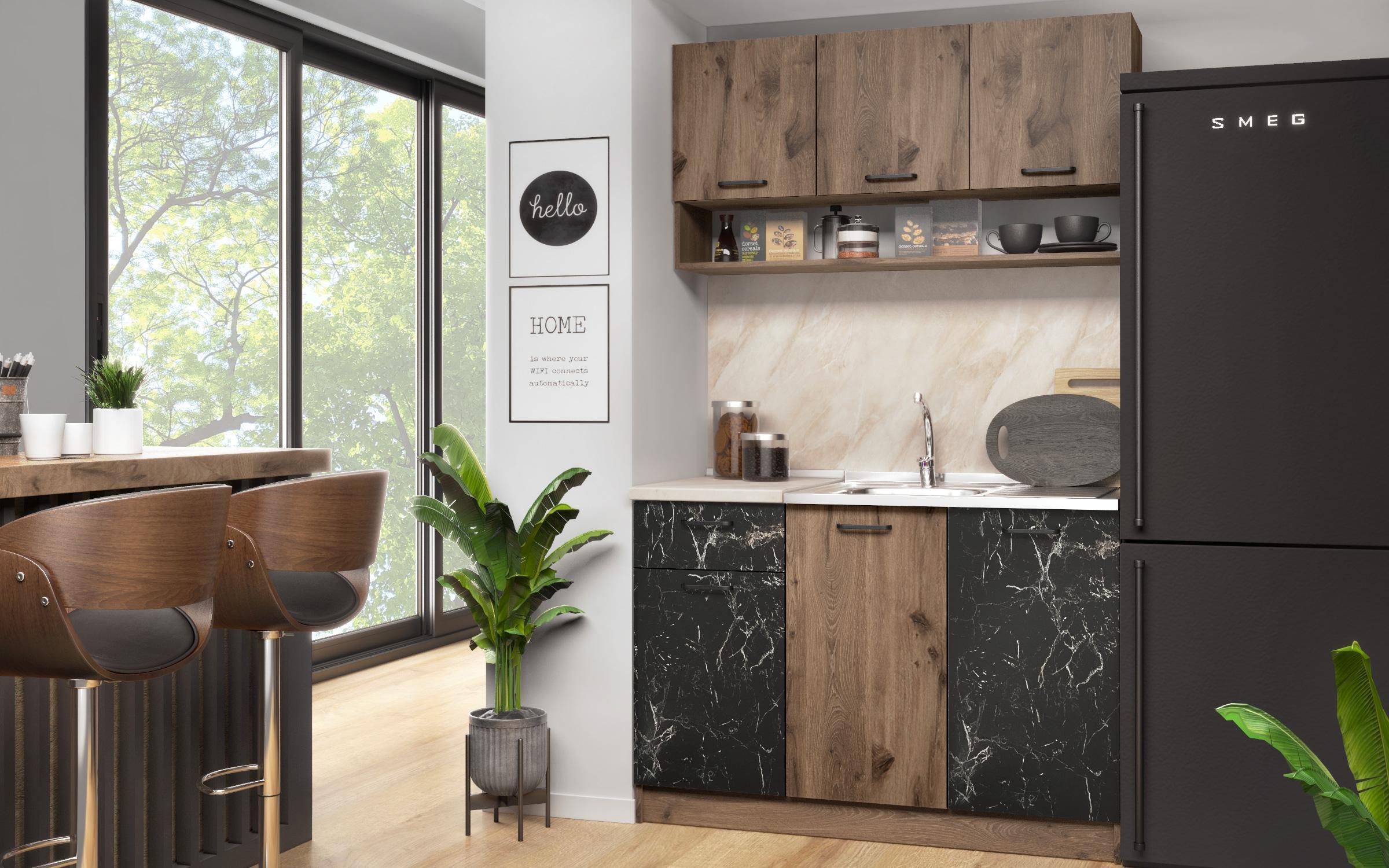 Σετ για κουζίνα Cacao S, μαύρο γυαλιστερό + δρυς evok + δέρμα wenge  2