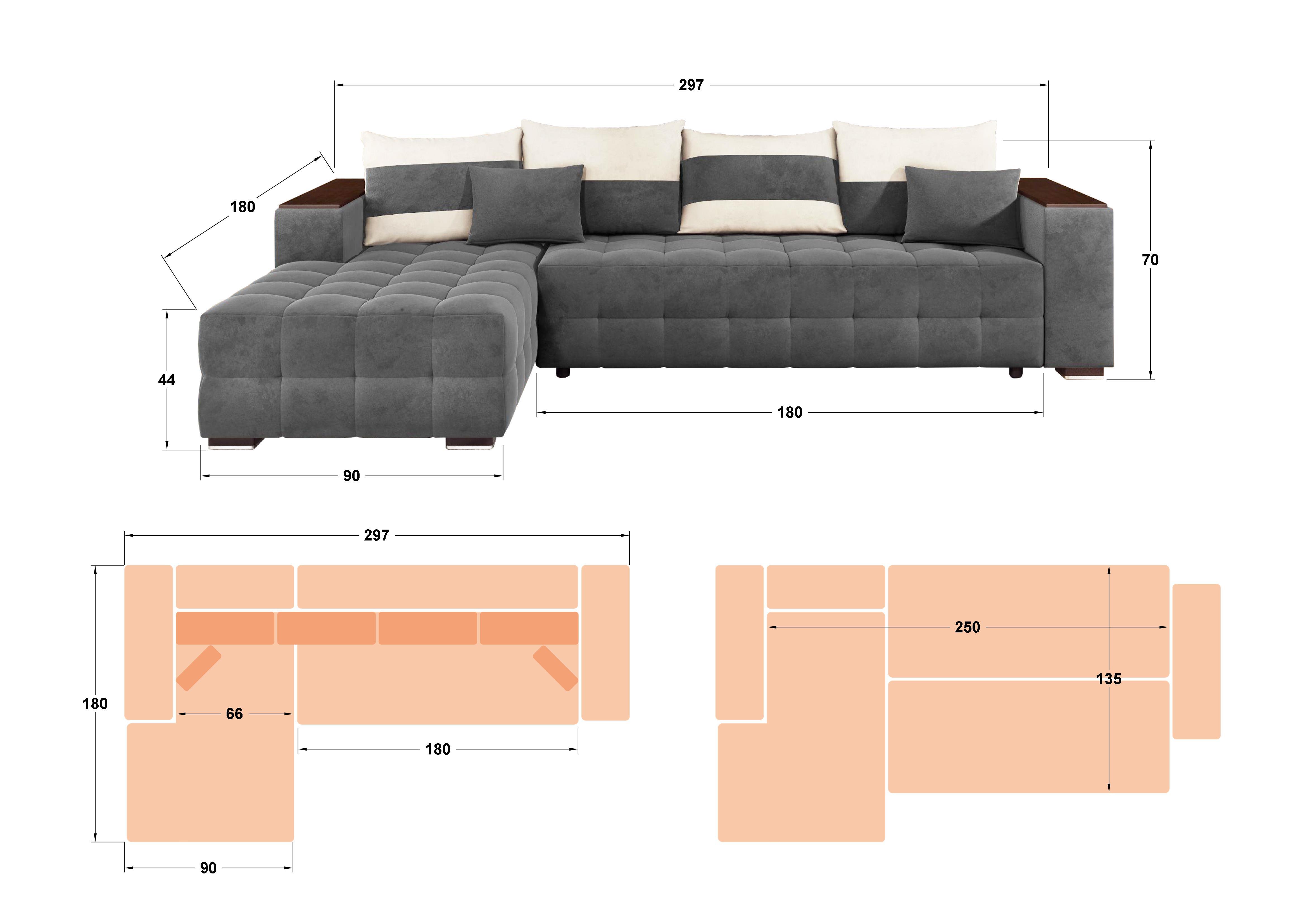 Γωνιακός καναπές - κρεβάτι με ανάκλιντρο και μπράτσο μίνι ραφιέρα Melvin, γκρι + ανοιχτό μπεζ  2
