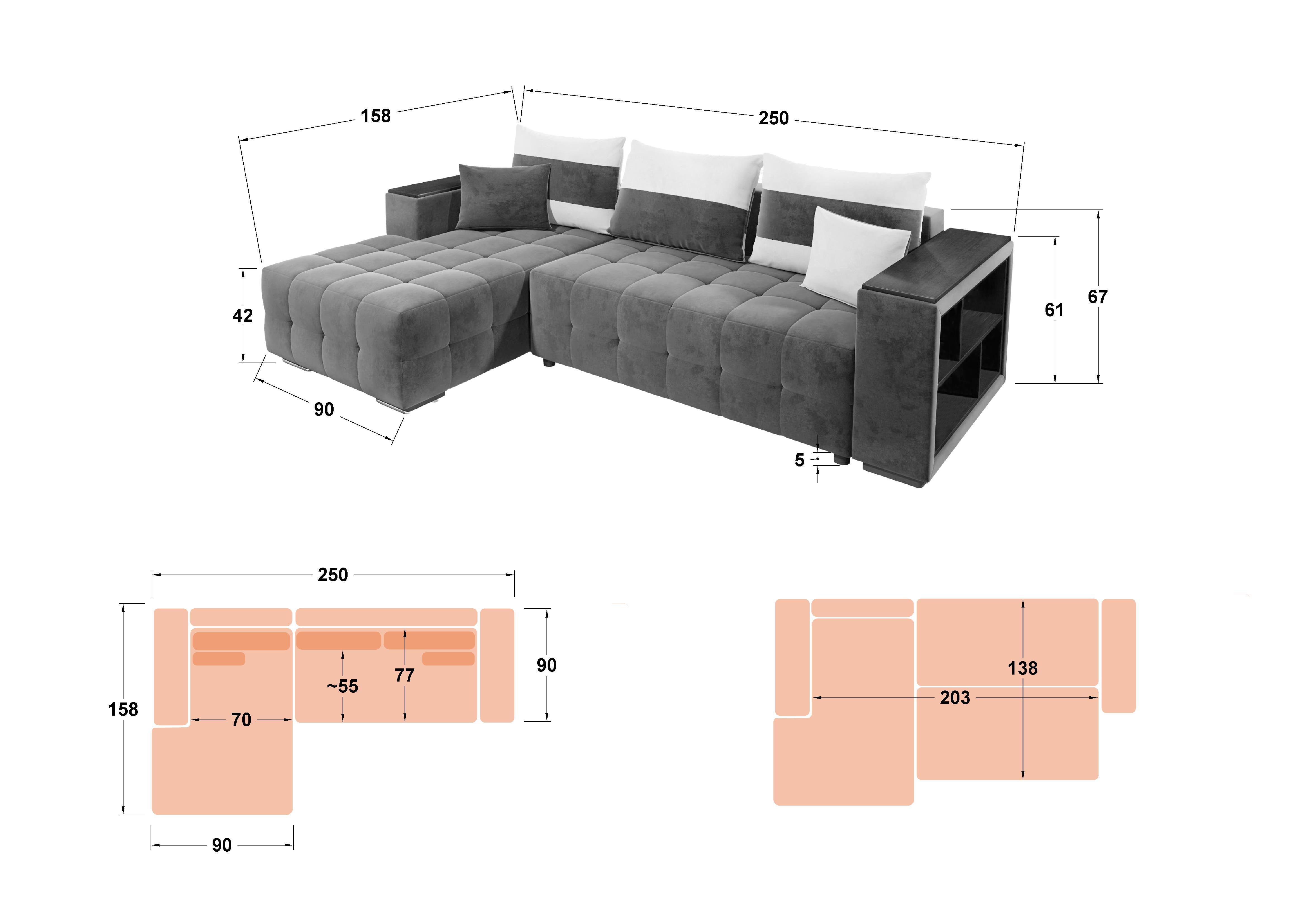 Γωνιακός καναπές - κρεβάτι με ανάκλιντρο και μπράτσο μίνι ραφιέρα Melvin S, γκρι + ανοιχτό μπεζ  2
