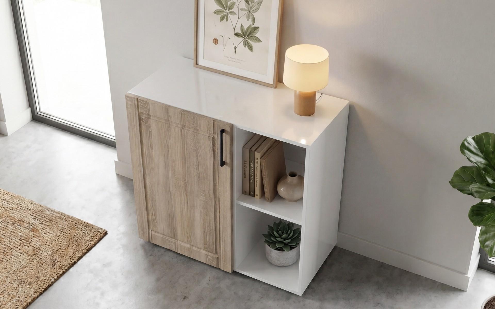 Συρταριέρα MDF Mono, λευκό γυαλιστερό + δρυς sonoma  4