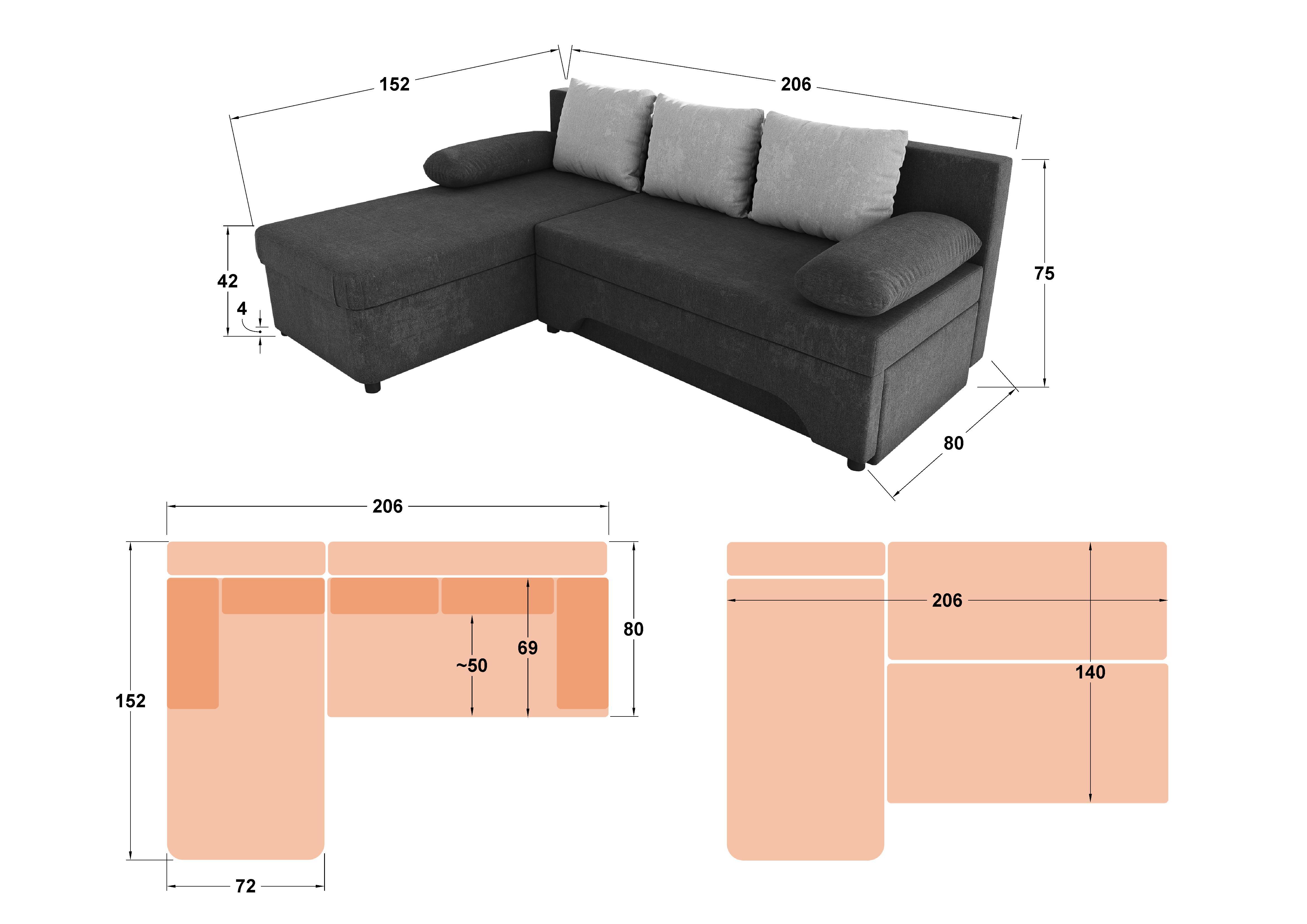 Γωνιακός καναπές – κρεβάτι Neos, καφέ + πορτοκαλί  2