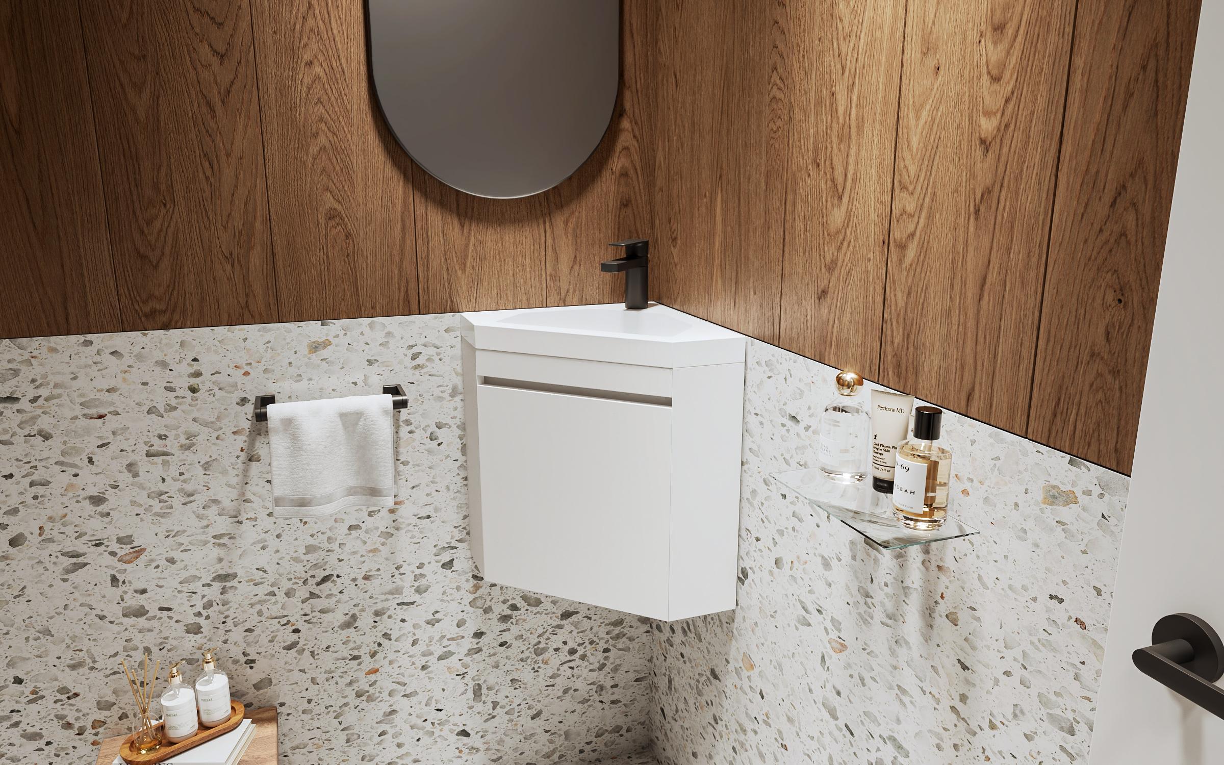 Γωνιακό ντουλάπι μπάνιου + νιπτήρας  PVC, λευκό  1