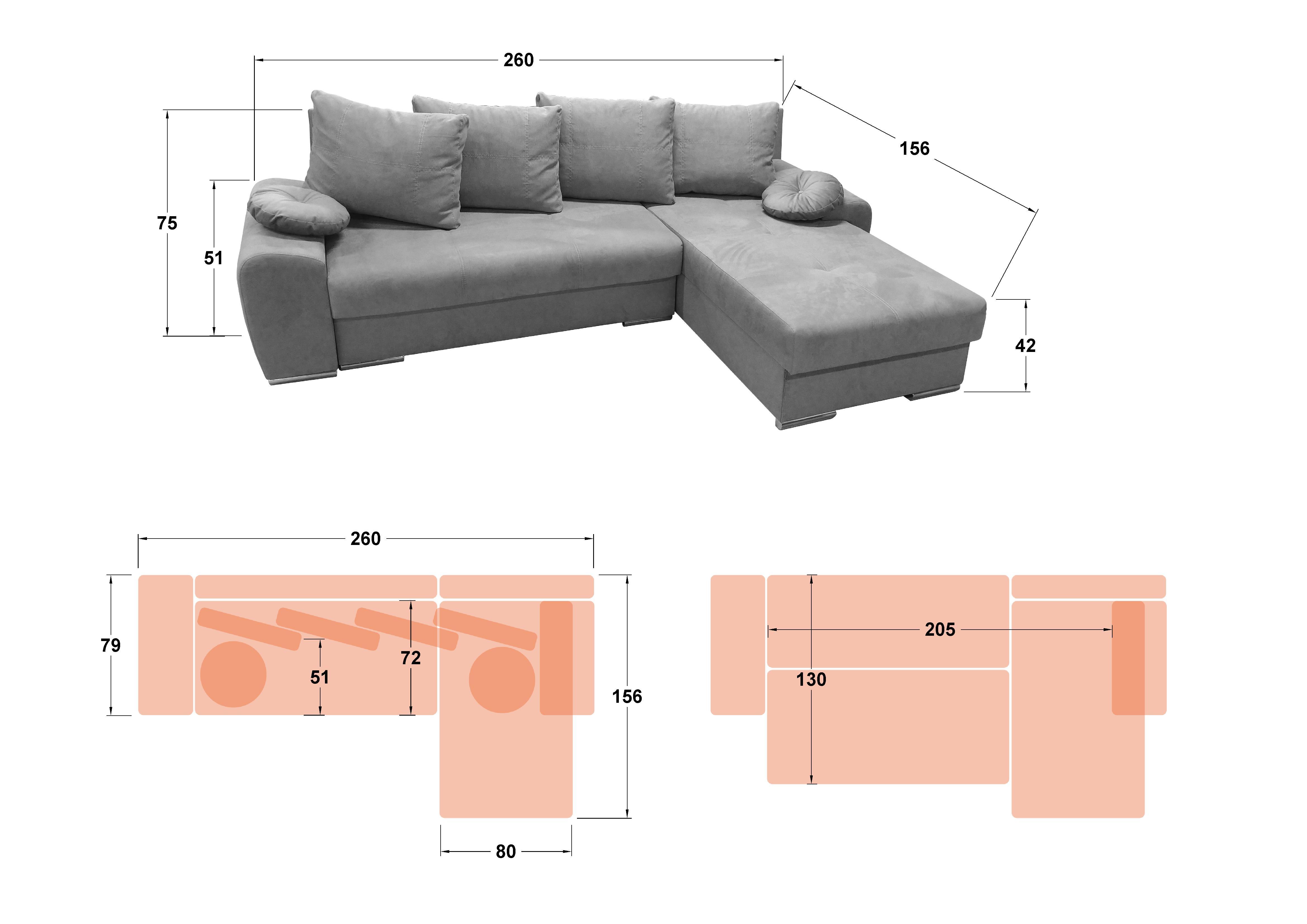 Γωνιακός καναπές – κρεβάτι Roli, ροζ  2