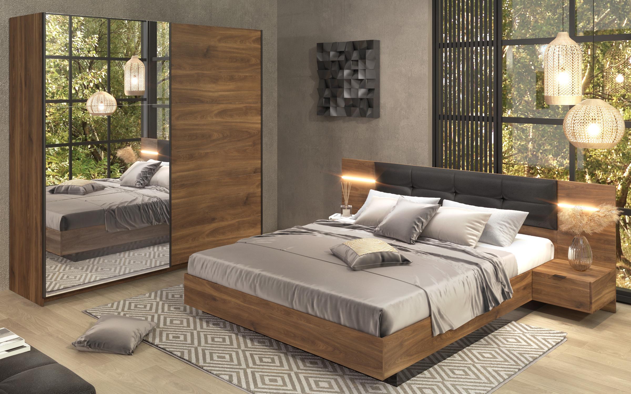 Σετ κρεβατοκάμαρας 160/200 + LED Alinor Sense, δρυς cognac + μαύρο γυαλιστερό  3