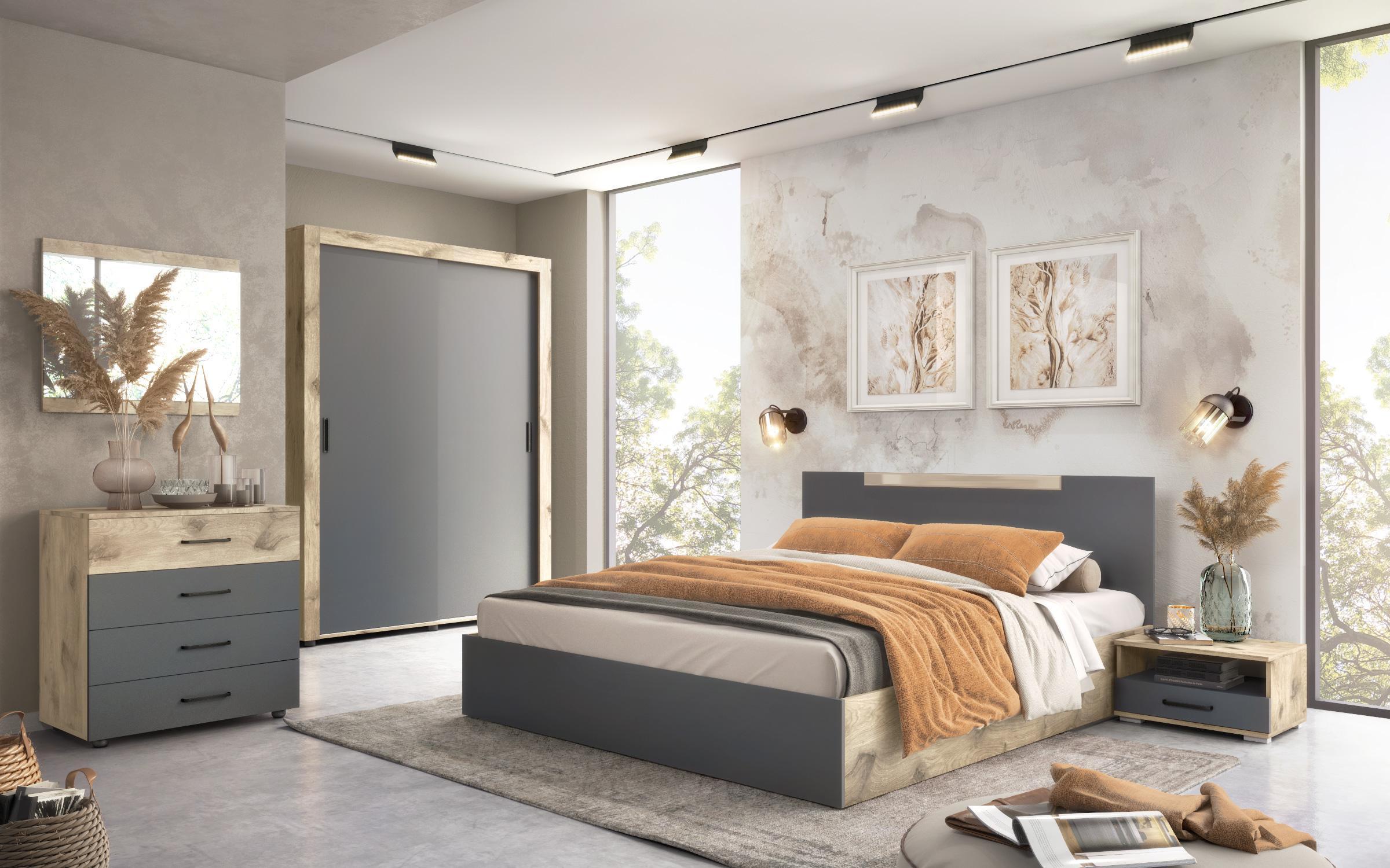 Σετ κρεβατοκάμαρας 160/200 Moreti, ανοιχτόχρωμη σκανδιναβική δρυς + ανθρακί ματ  1