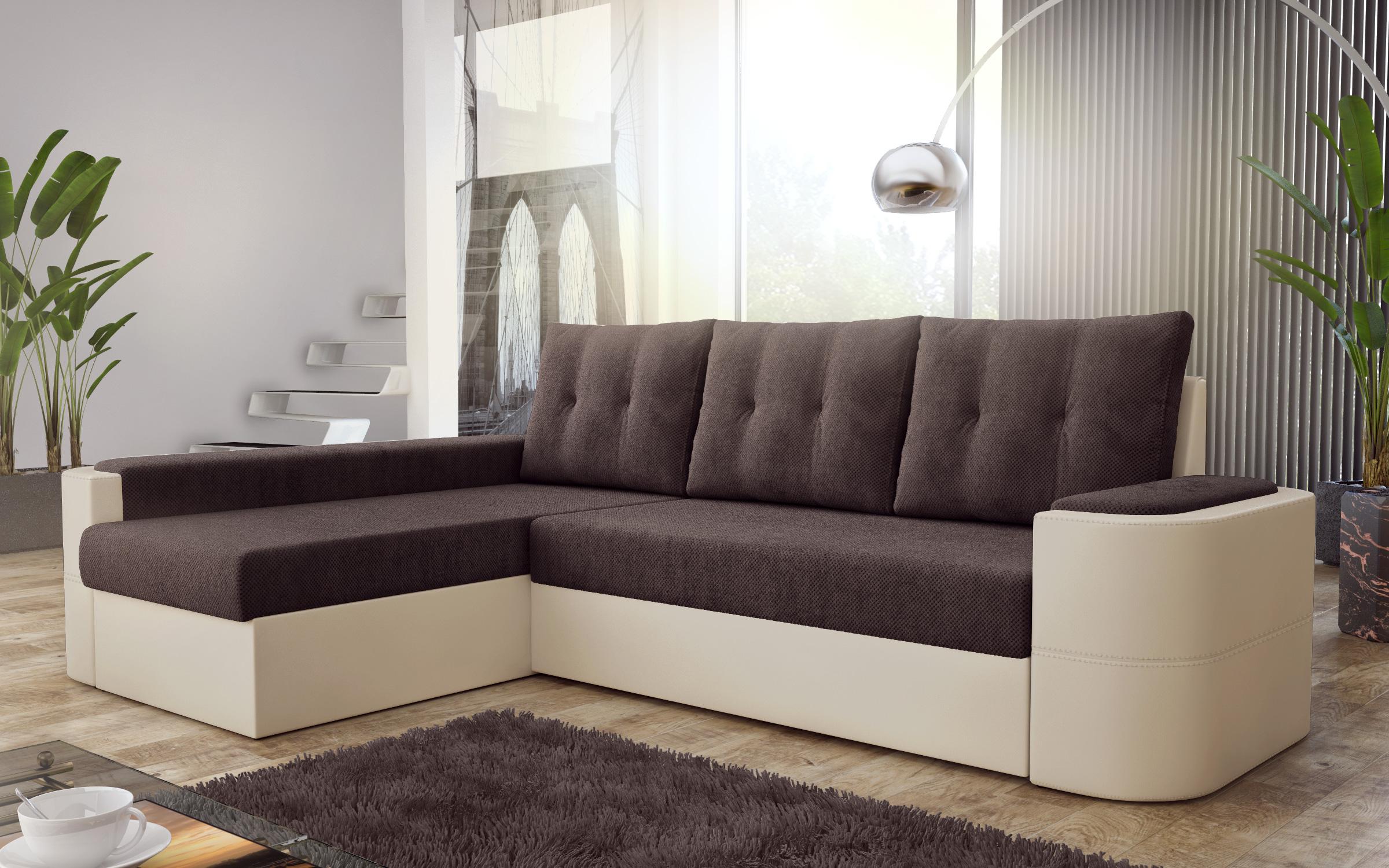 Γωνιακός καναπές – κρεβάτι Madeira, καφέ + μπεζ δέρμα  1