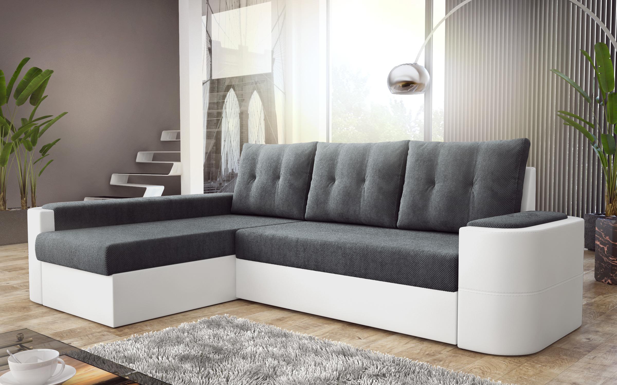 Γωνιακός καναπές – κρεβάτι Madeira, σκούρο γκρι + λευκό δέρμα  1