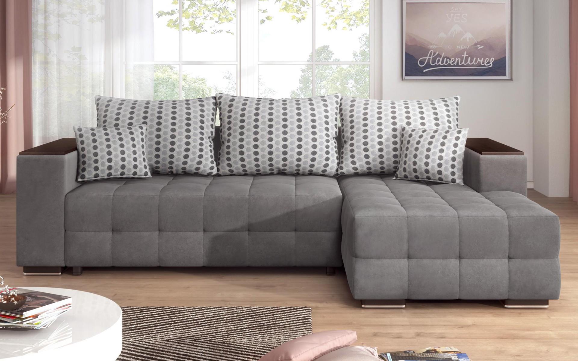 Γωνιακός καναπές - κρεβάτι με ανάκλιντρο και μπράτσο μίνι ραφιέρα Melvin S, γκρι  1
