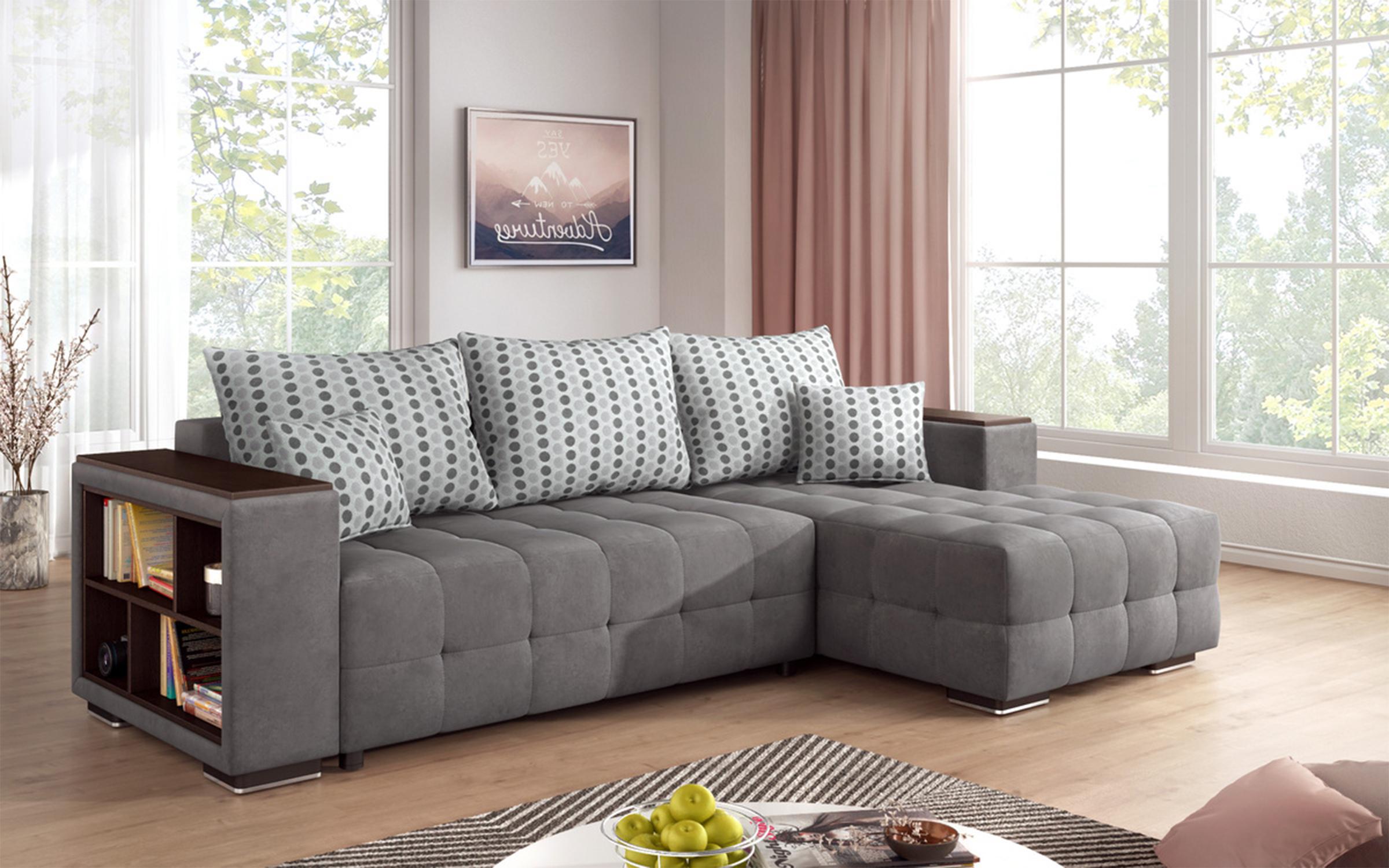 Γωνιακός καναπές - κρεβάτι με ανάκλιντρο και μπράτσο μίνι ραφιέρα Melvin S, γκρι  4