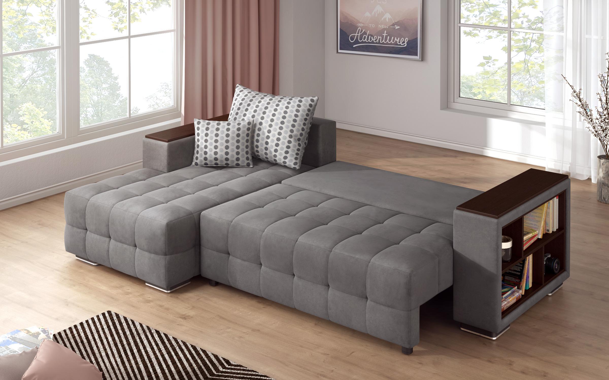 Γωνιακός καναπές - κρεβάτι με ανάκλιντρο και μπράτσο μίνι ραφιέρα Melvin S, γκρι  5