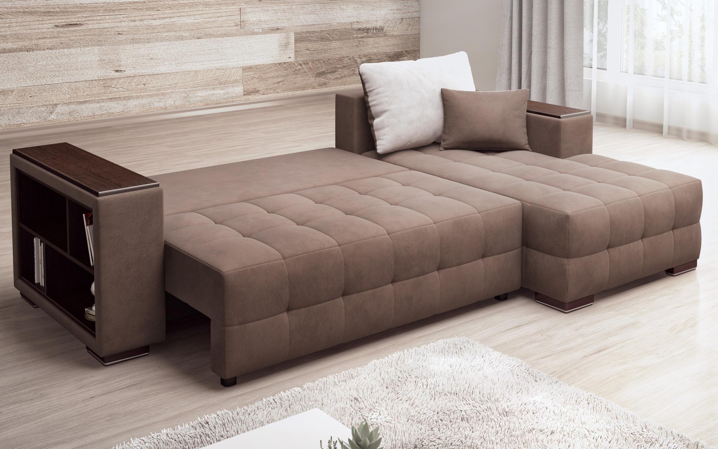 Γωνιακός καναπές - κρεβάτι με ανάκλιντρο και μπράτσο μίνι ραφιέρα Melvin Spring S, καφέ + μπεζ  8