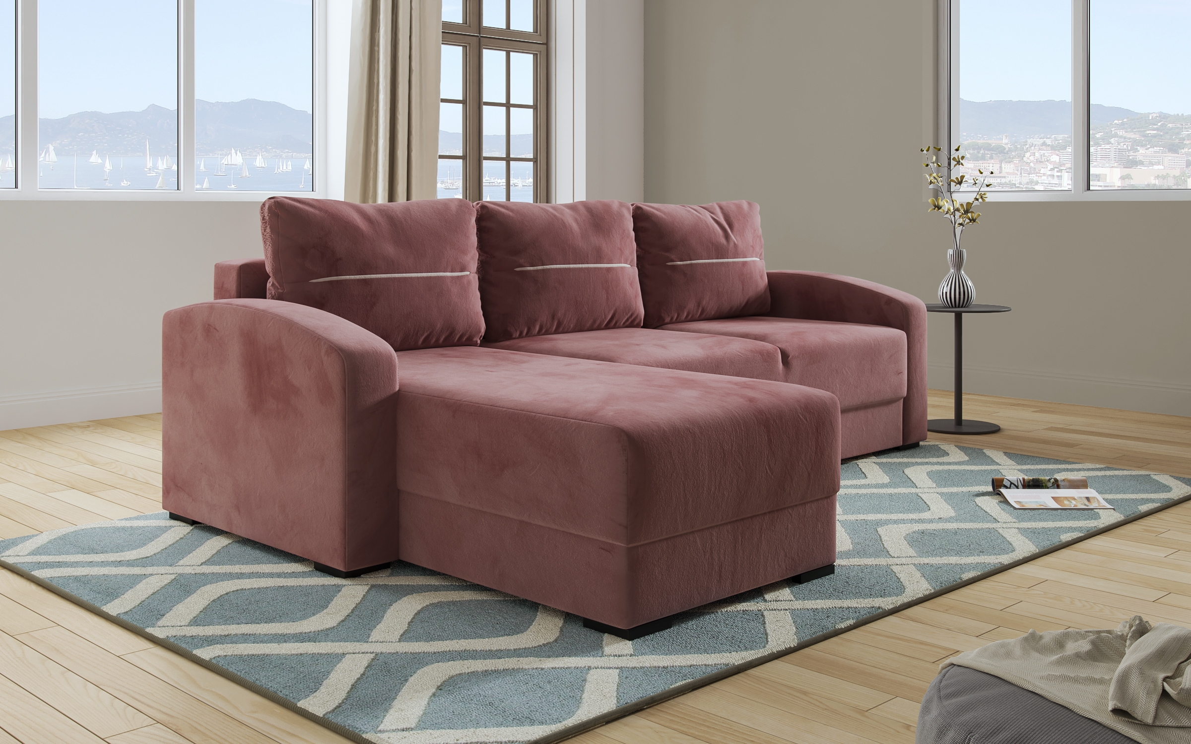 Γωνιακός καναπές – κρεβάτι Olen, ροζ + μπεζ  4