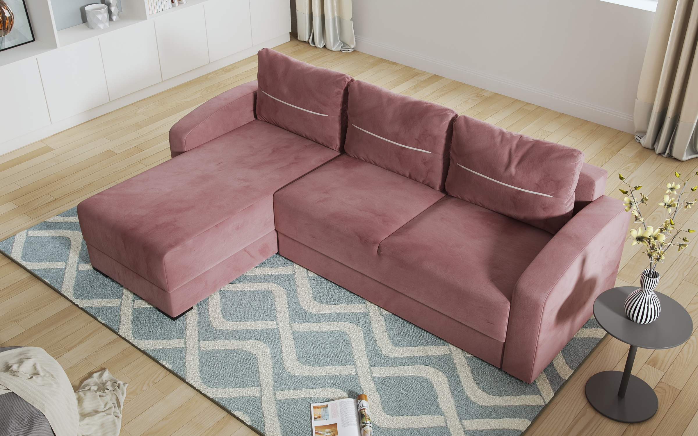 Γωνιακός καναπές – κρεβάτι Olen, ροζ + μπεζ  5