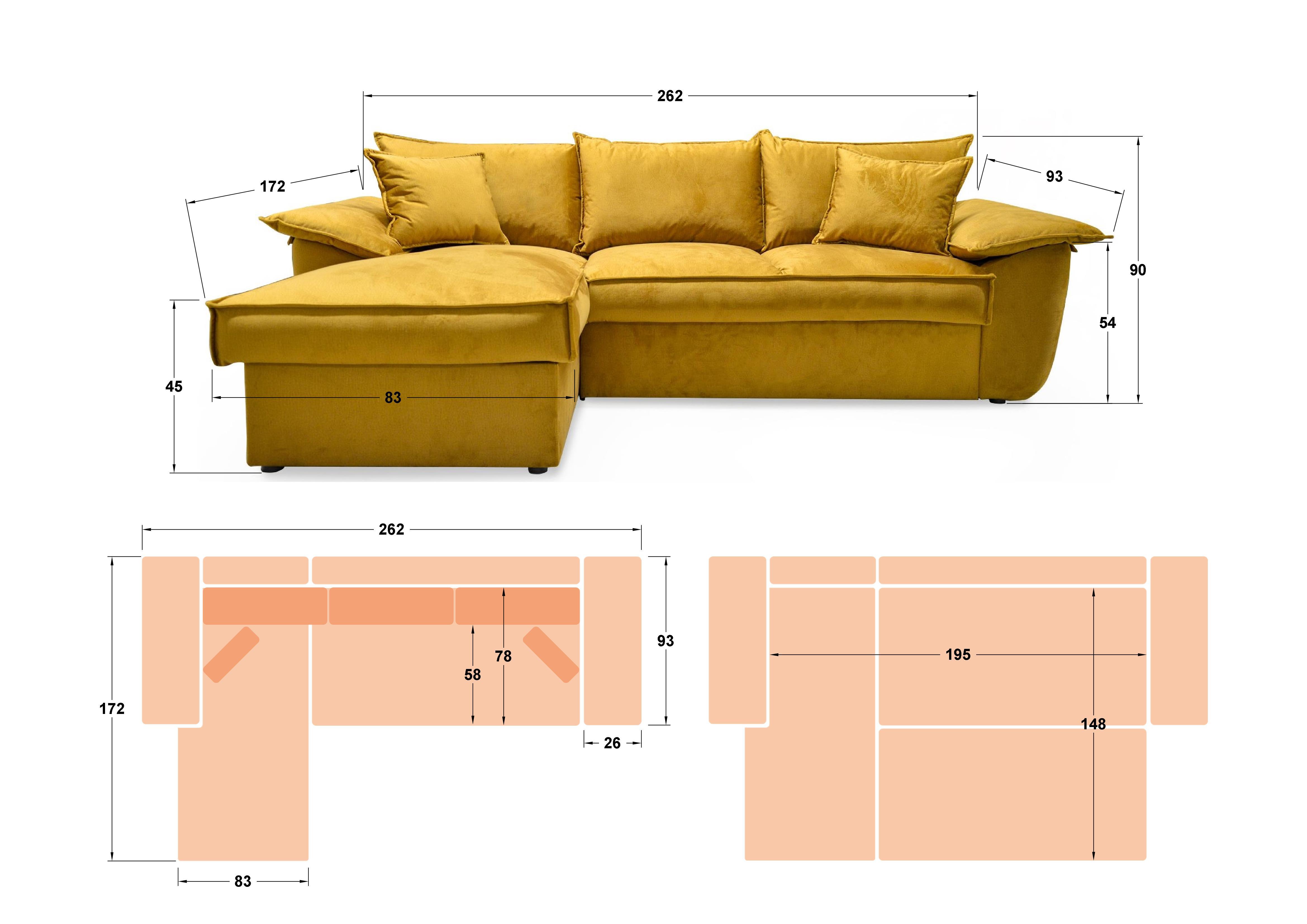 Γωνιακός καναπές - κρεβάτι Elzas, πορτοκαλί  2