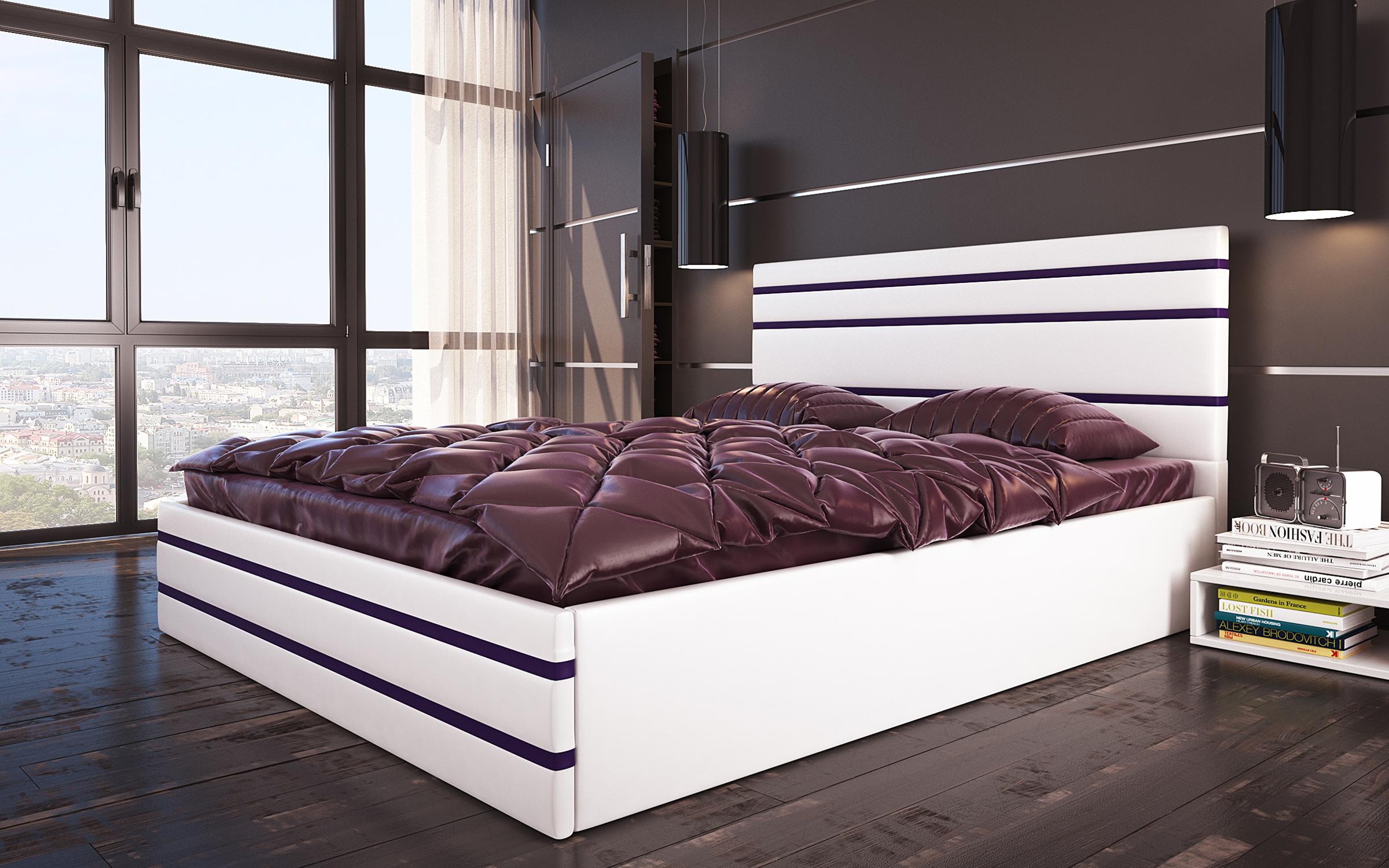 Δερμάτινο κρεβάτι Leda (χωρίς στρώμα), λευκό + μωβ  2