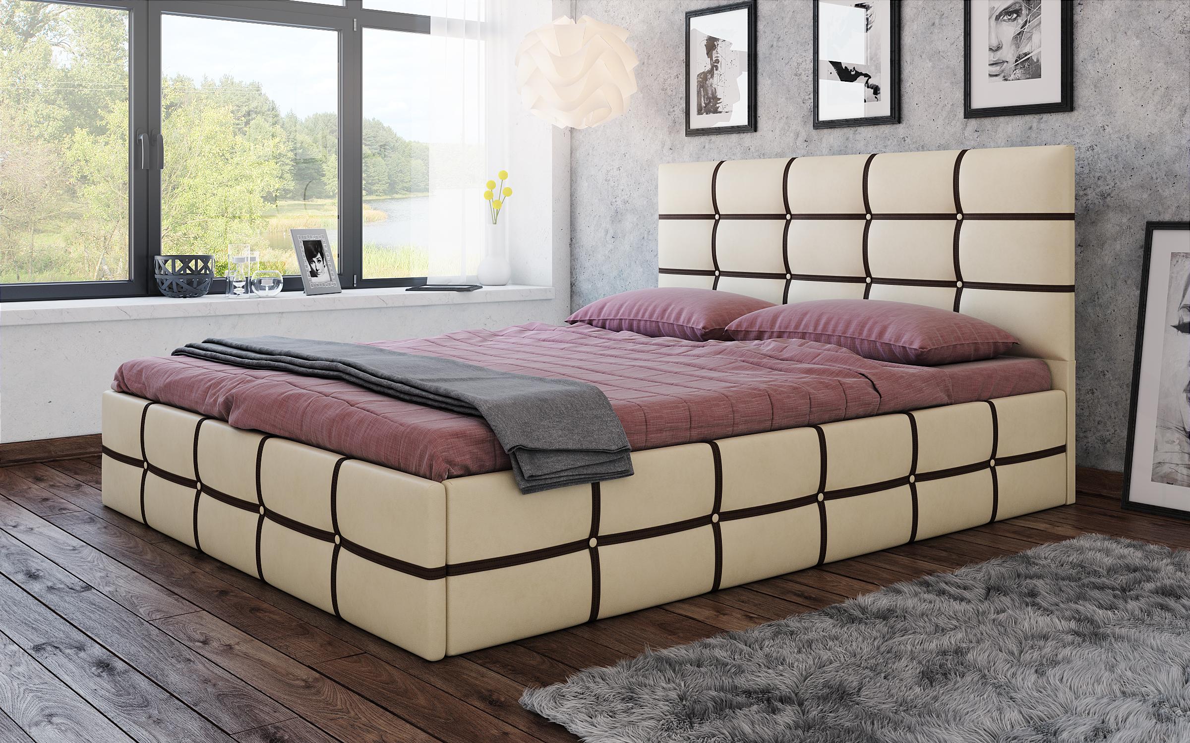 Δερμάτινο κρεβάτι Nevia για στρώμα 160/200, μπεζ + καφέ δέρμα  1