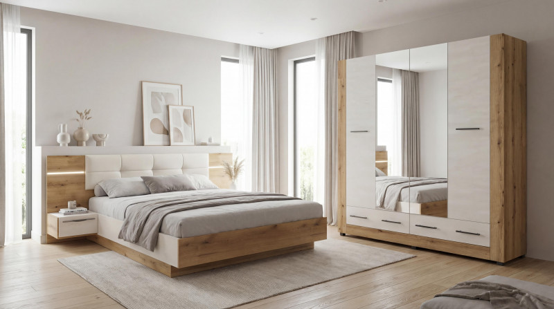 Σετ κρεβατοκάμαρας 160/200 + LED Alina, δρυς evok + silk  1