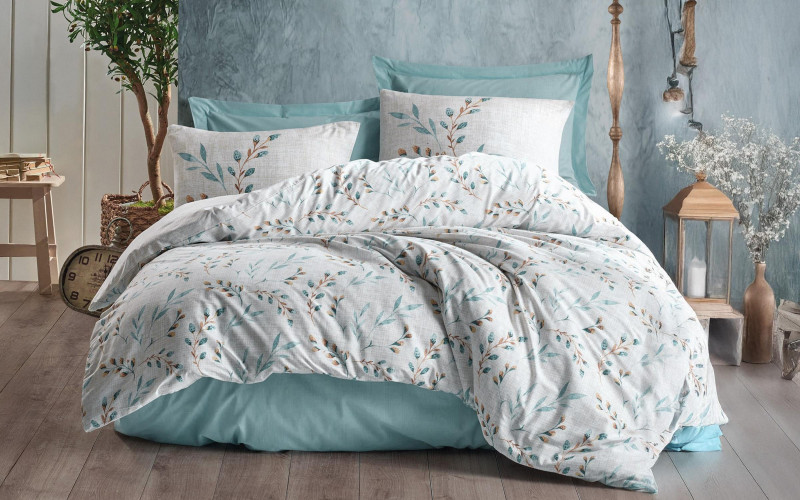3 τεμάχια 160/220 εκ. Ranforce 100% βαμβάκι Σετ σεντόνια Lendell, menta + λευκό  1