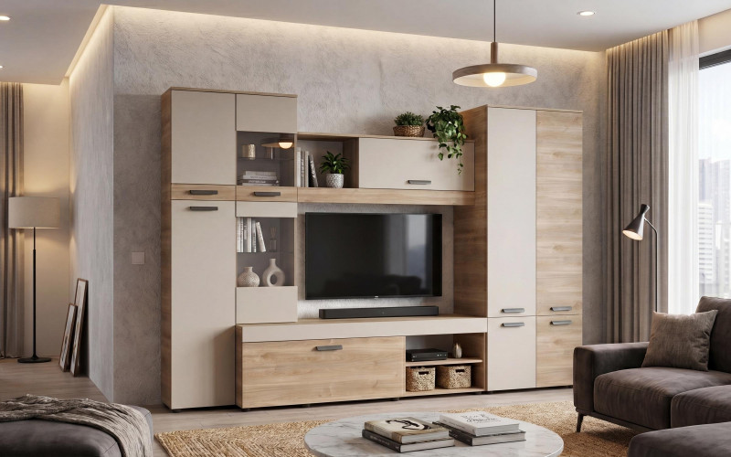 Σύνθετο σαλονιού με φωτισμό LED Kapri, cashmere + δρυς Castello honey  1