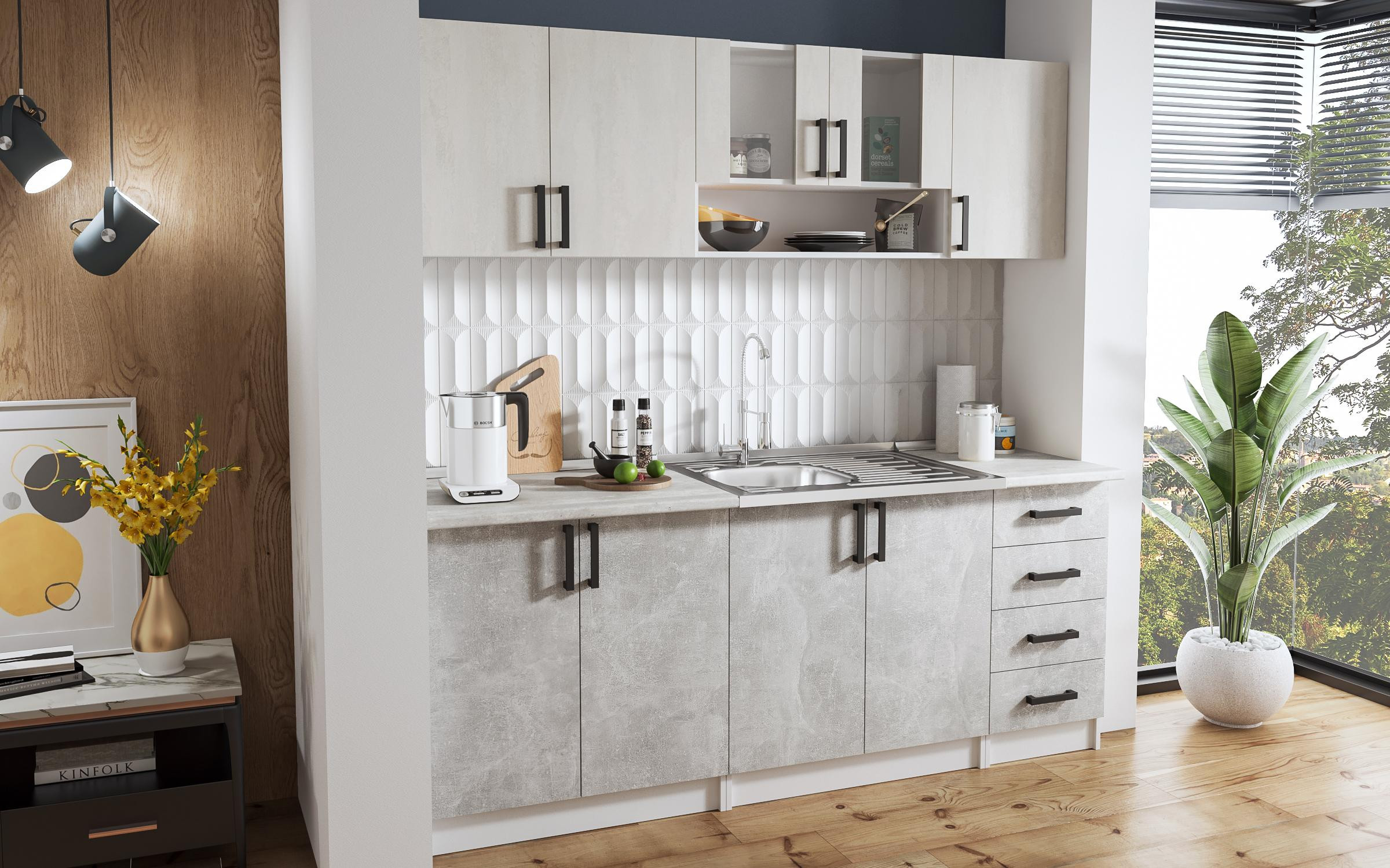 Κουζίνα με πάγκο Verana, λευκό + beton+ silk  2
